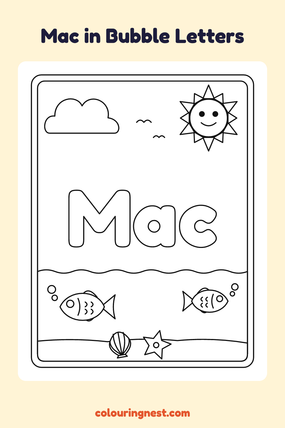 Mac in Bubble Letters coloring page: free printable black-and-white line art