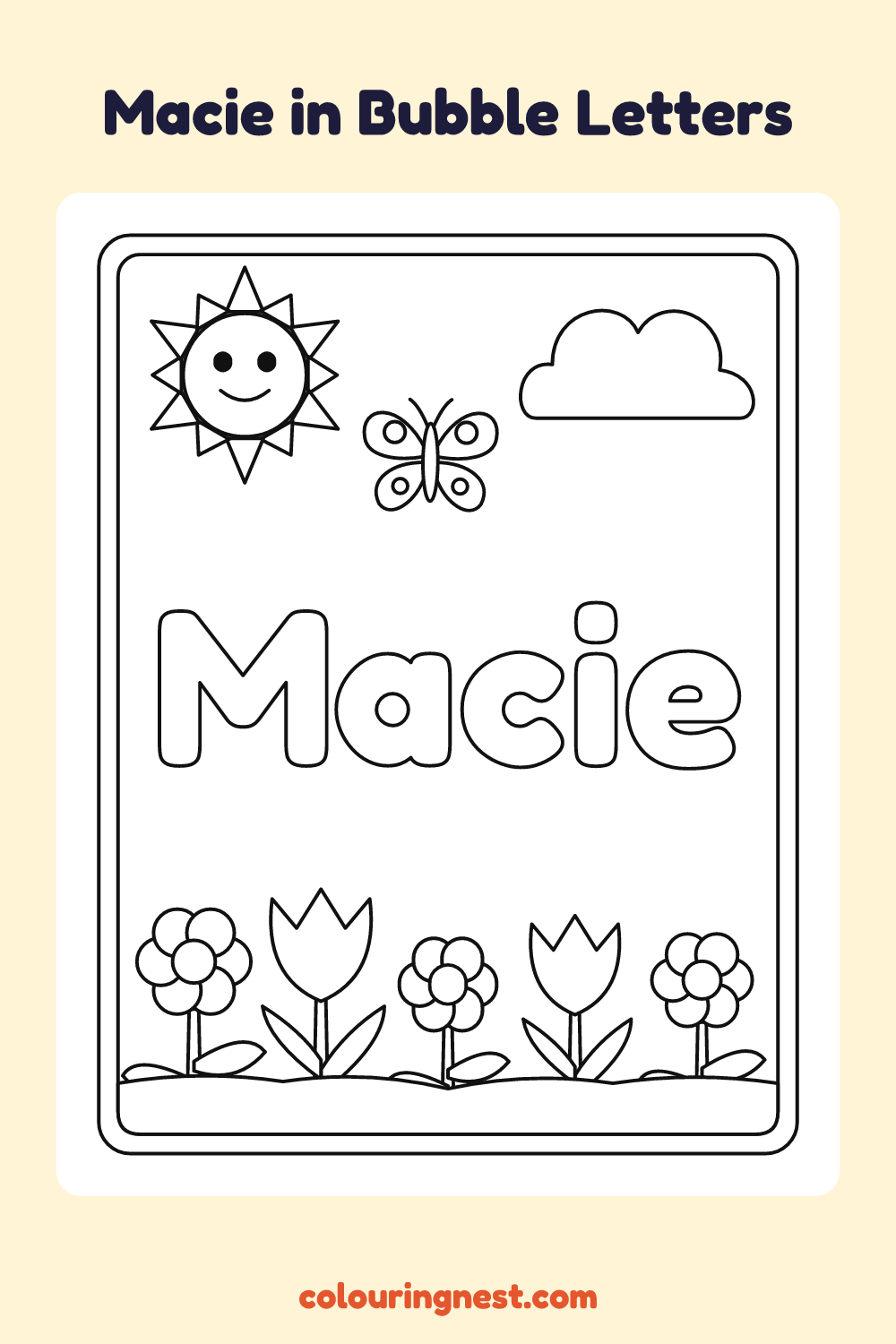 Macie in Bubble Letters coloring page: free printable black-and-white line art