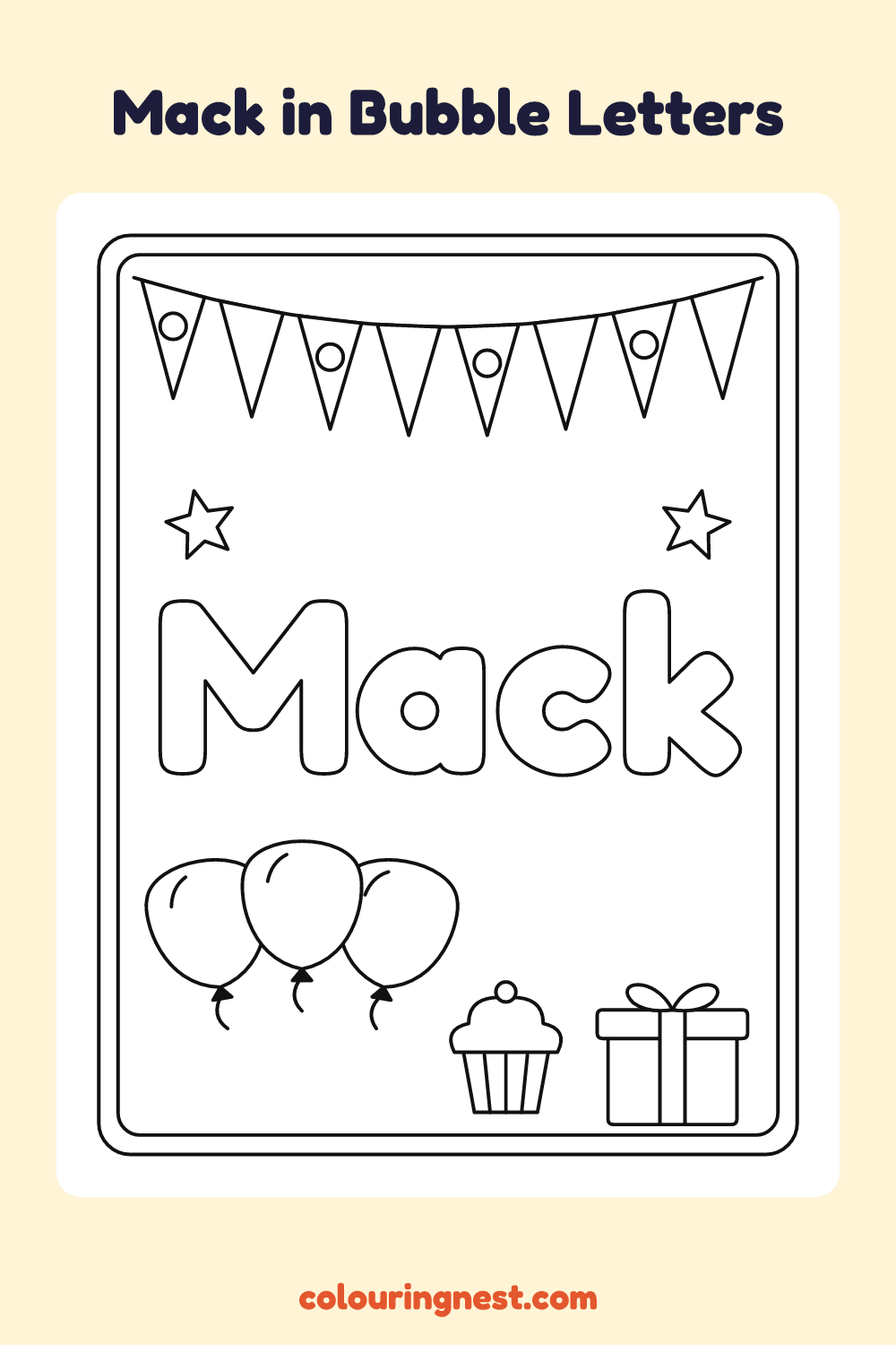 Mack in Bubble Letters coloring page: free printable black-and-white line art
