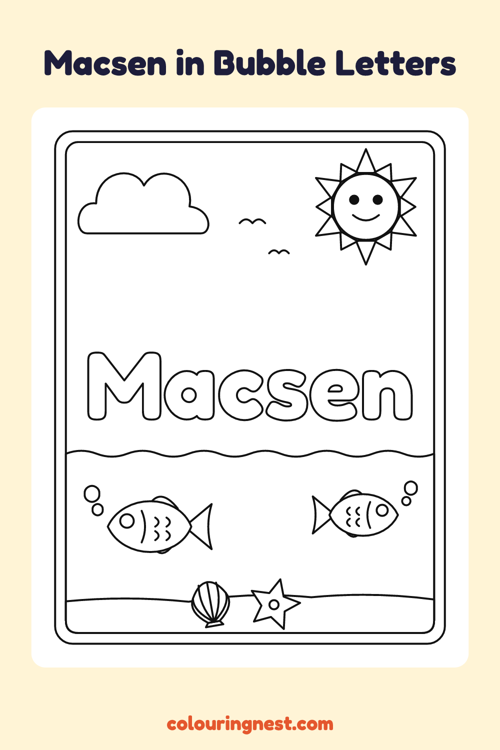 Macsen in Bubble Letters coloring page: free printable black-and-white line art