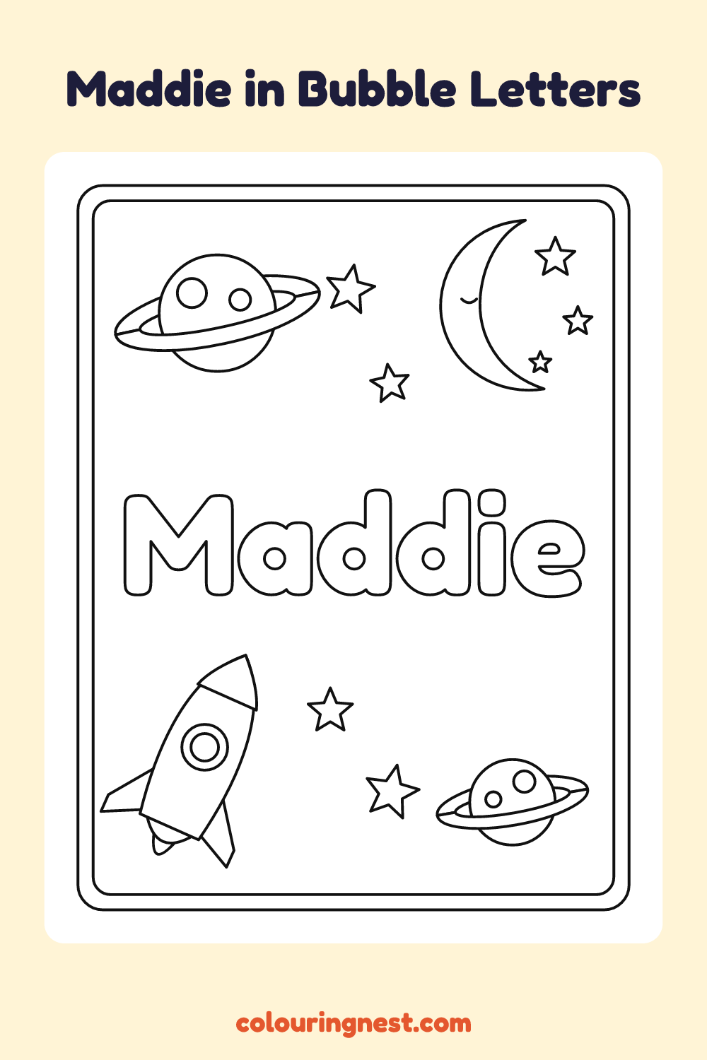 Maddie in Bubble Letters coloring page: free printable black-and-white line art