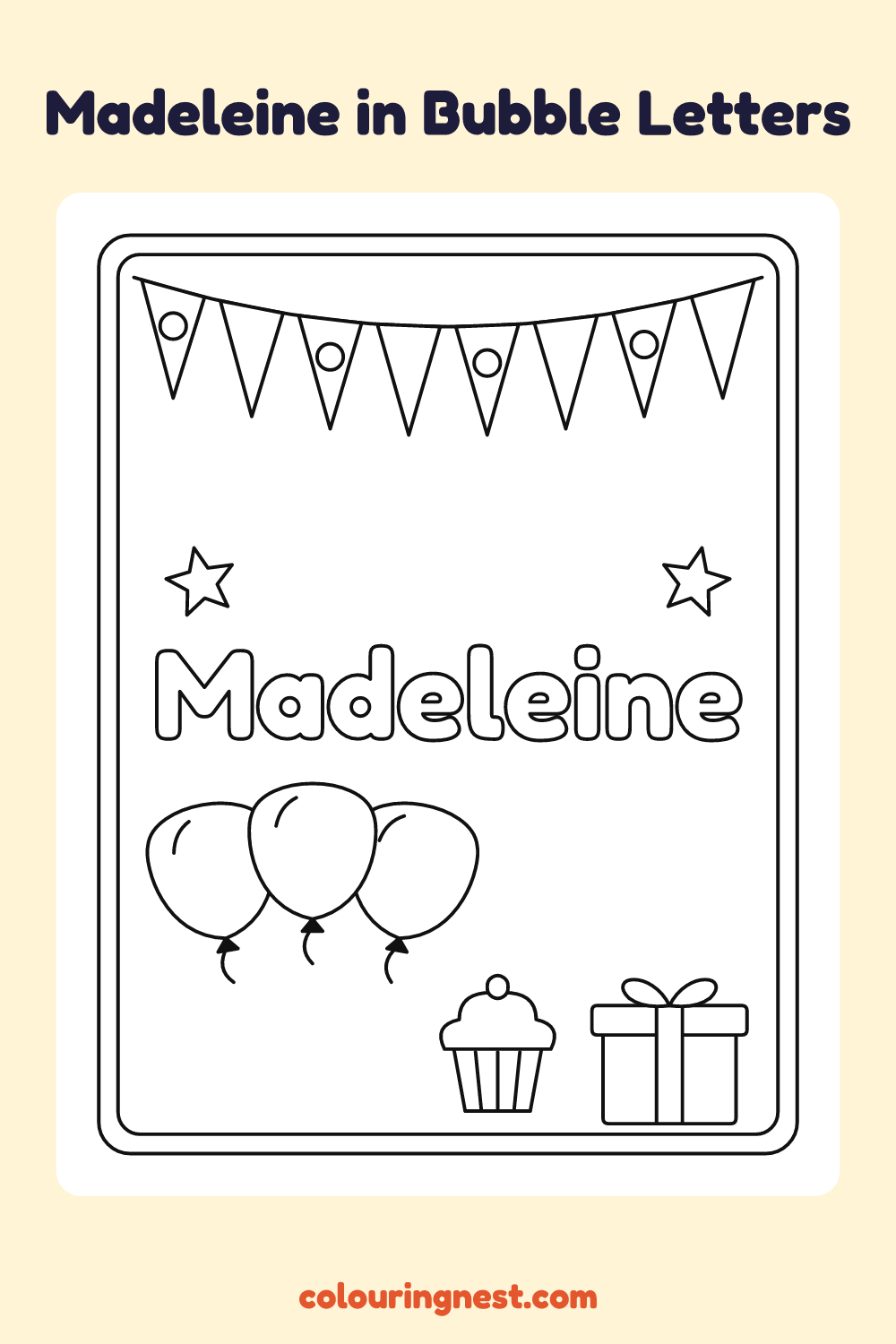 Madeleine in Bubble Letters coloring page: free printable black-and-white line art