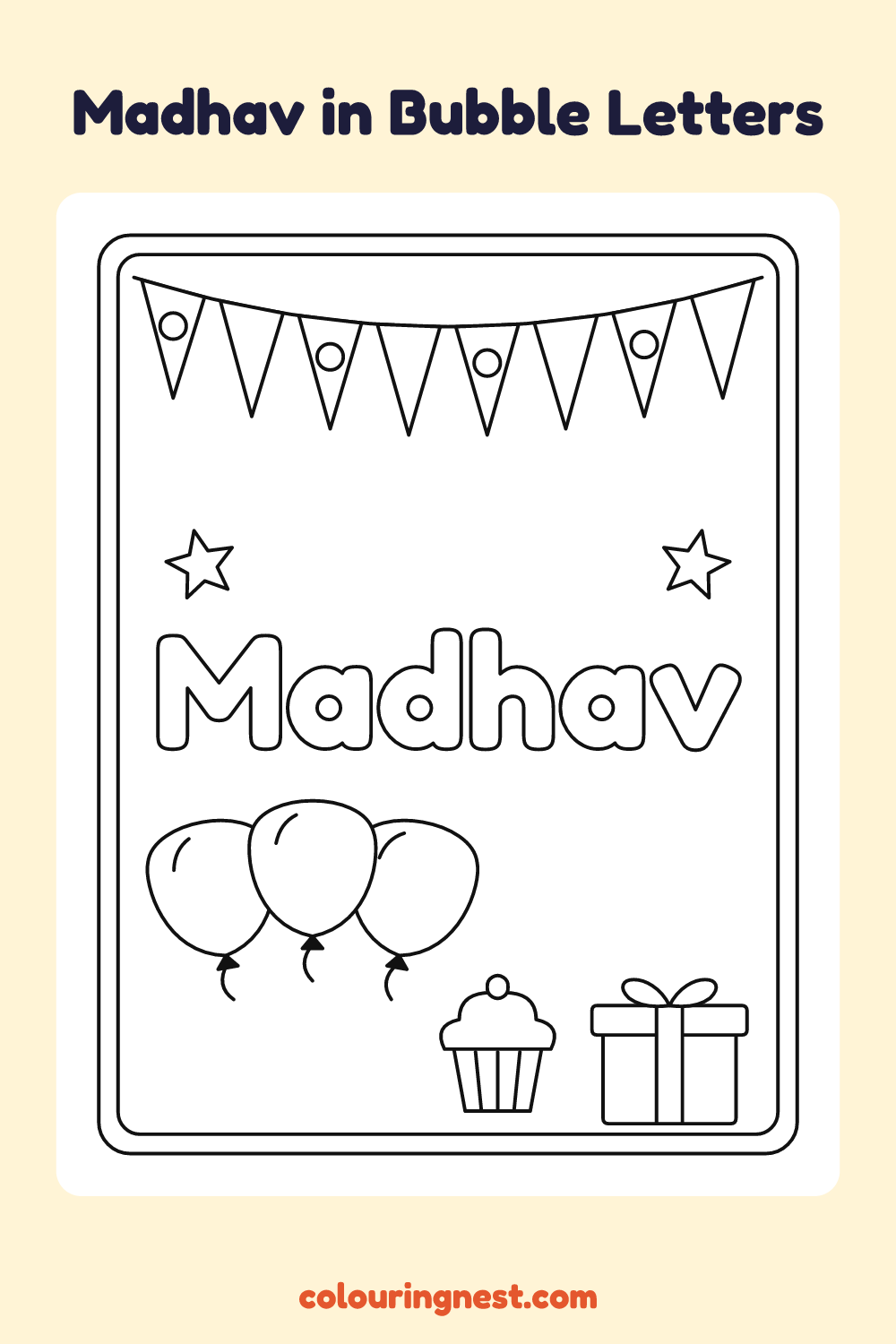 Madhav in Bubble Letters coloring page: free printable black-and-white line art