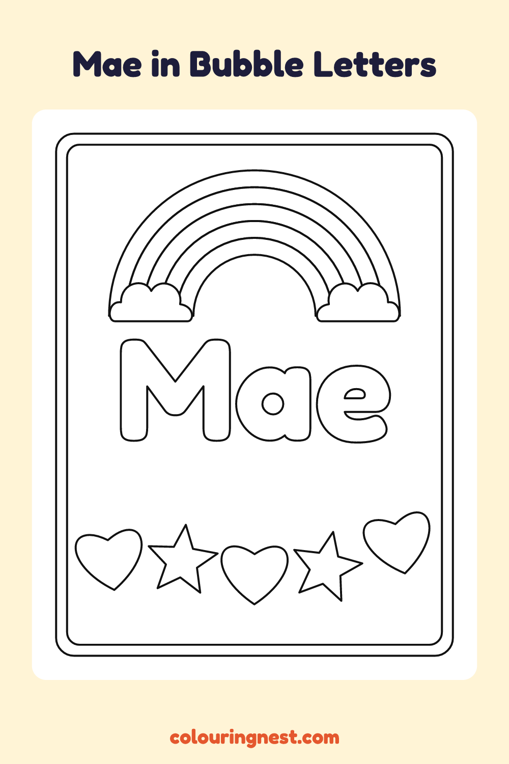 Mae in Bubble Letters coloring page: free printable black-and-white line art