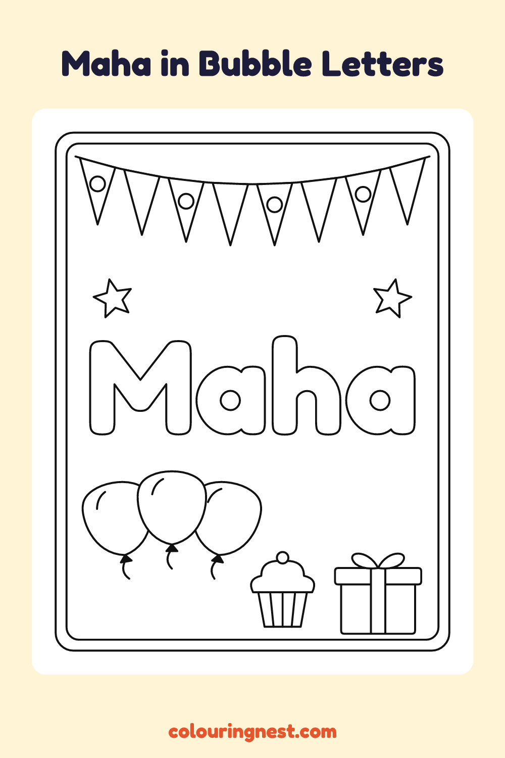 Maha in Bubble Letters coloring page: free printable black-and-white line art