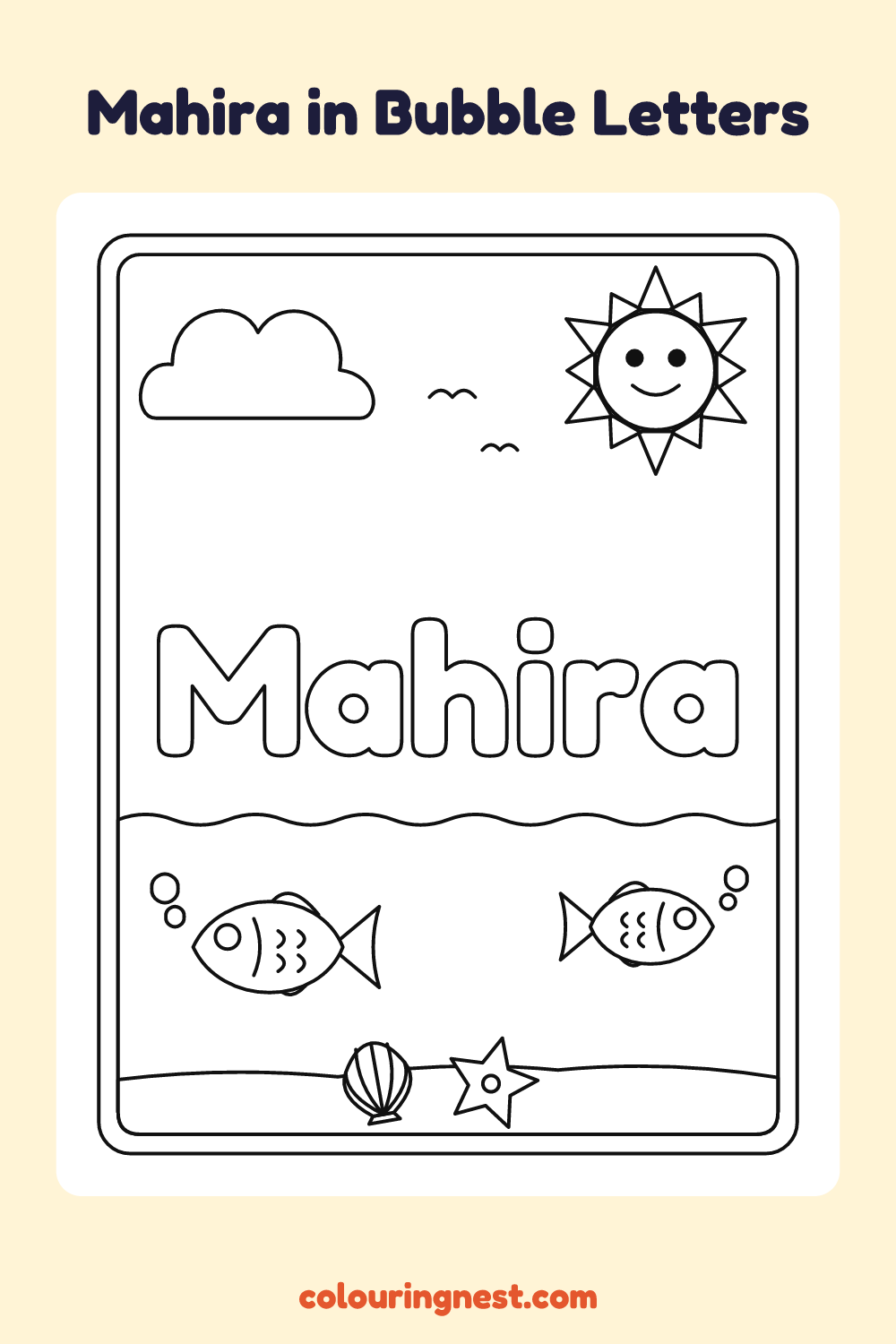 Mahira in Bubble Letters coloring page: free printable black-and-white line art