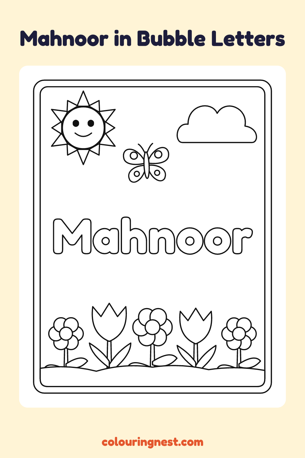 Mahnoor in Bubble Letters coloring page: free printable black-and-white line art