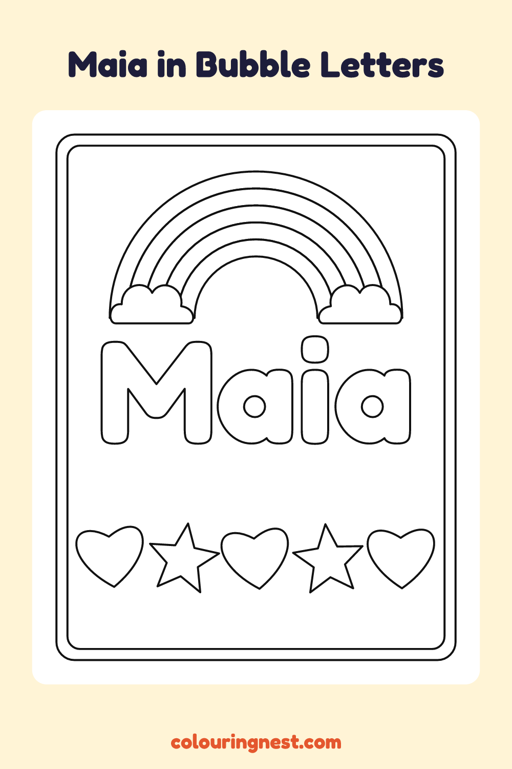 Maia in Bubble Letters coloring page: free printable black-and-white line art
