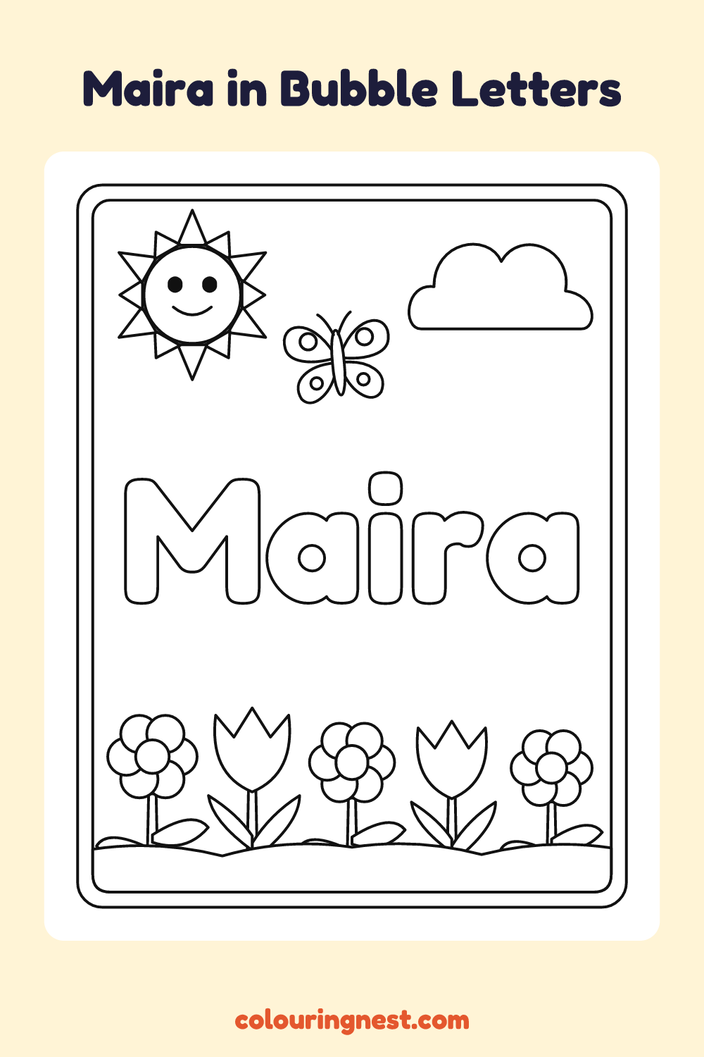 Maira in Bubble Letters coloring page: free printable black-and-white line art