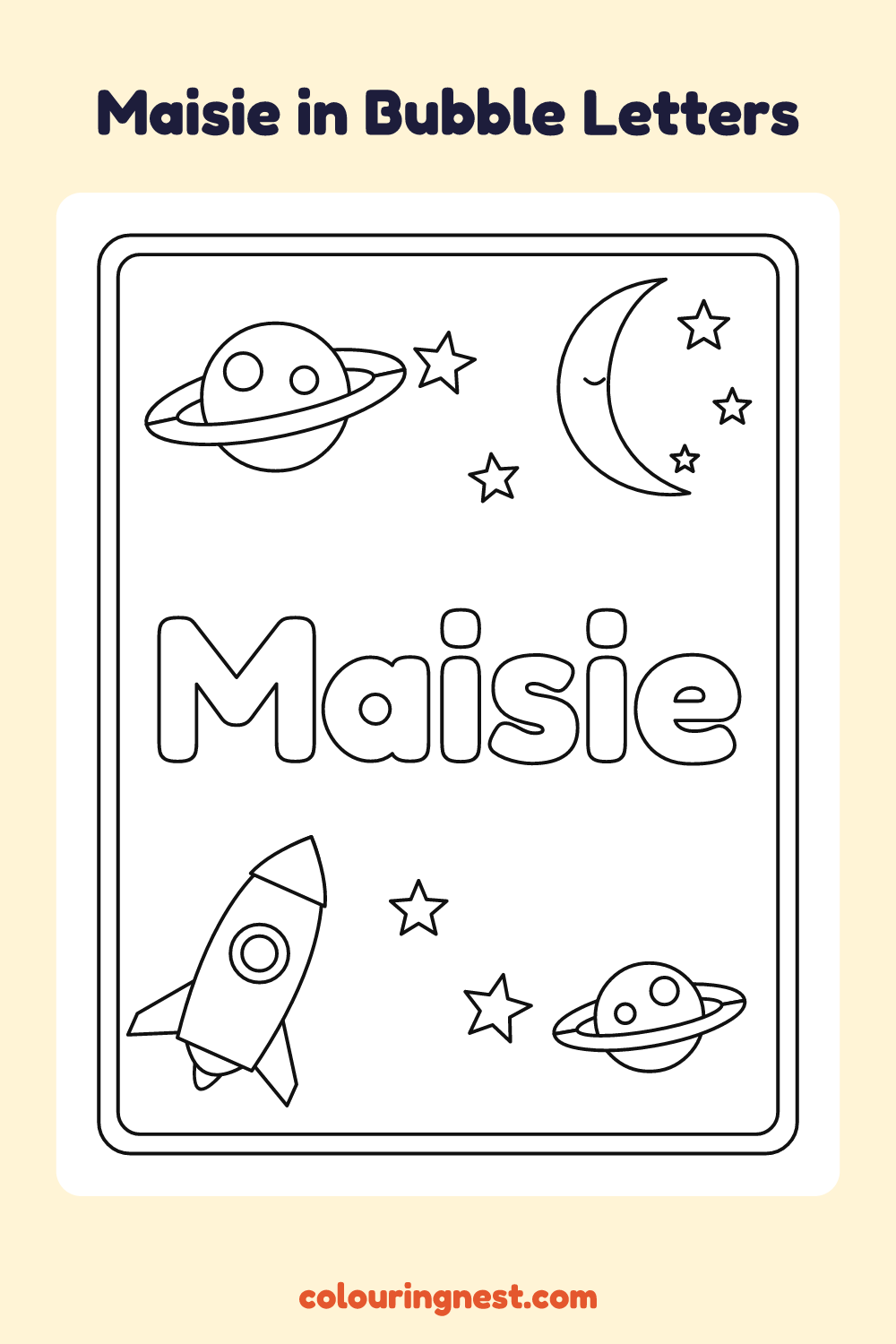Maisie in Bubble Letters coloring page: free printable black-and-white line art