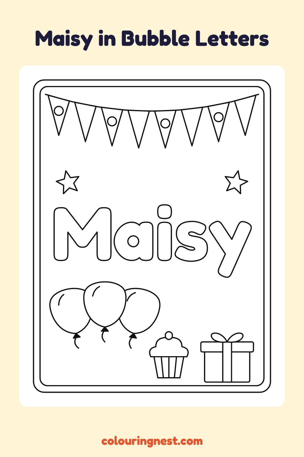 Maisy in Bubble Letters coloring page: free printable black-and-white line art