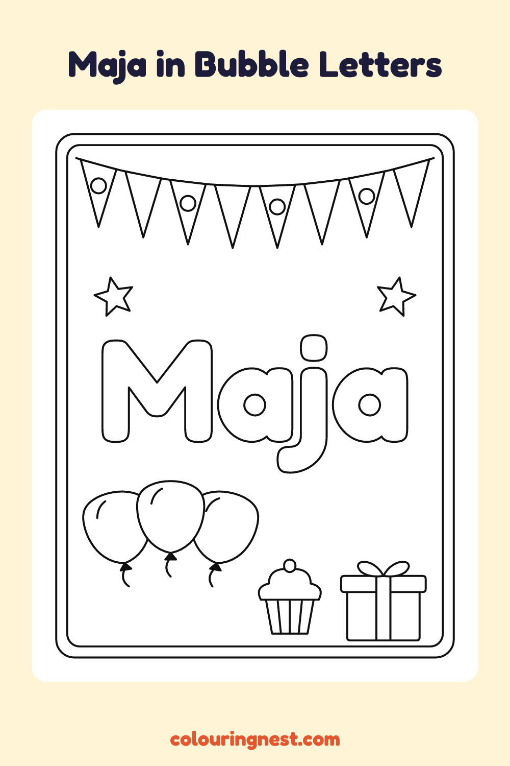 Maja in Bubble Letters coloring page: free printable black-and-white line art