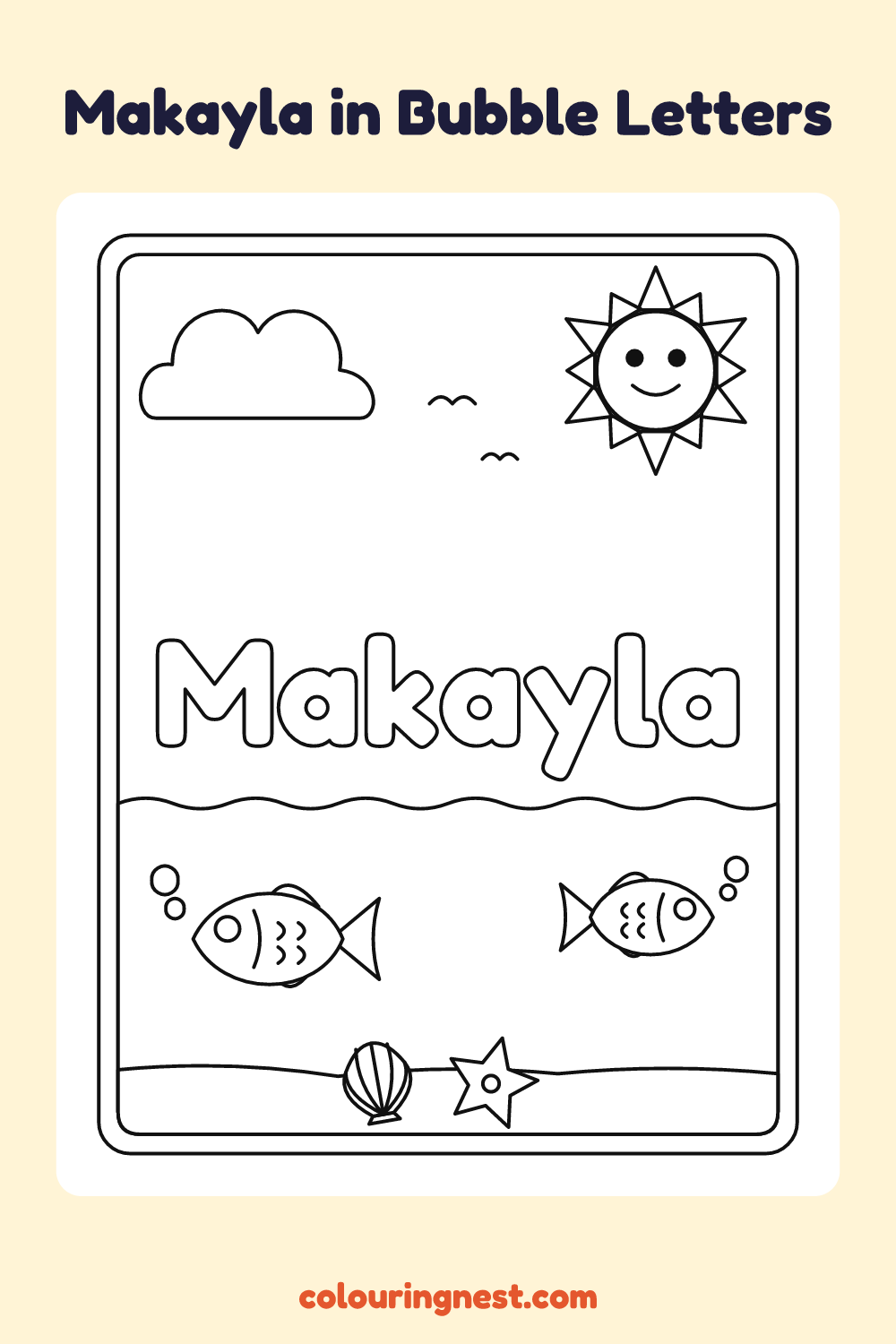 Makayla in Bubble Letters coloring page: free printable black-and-white line art