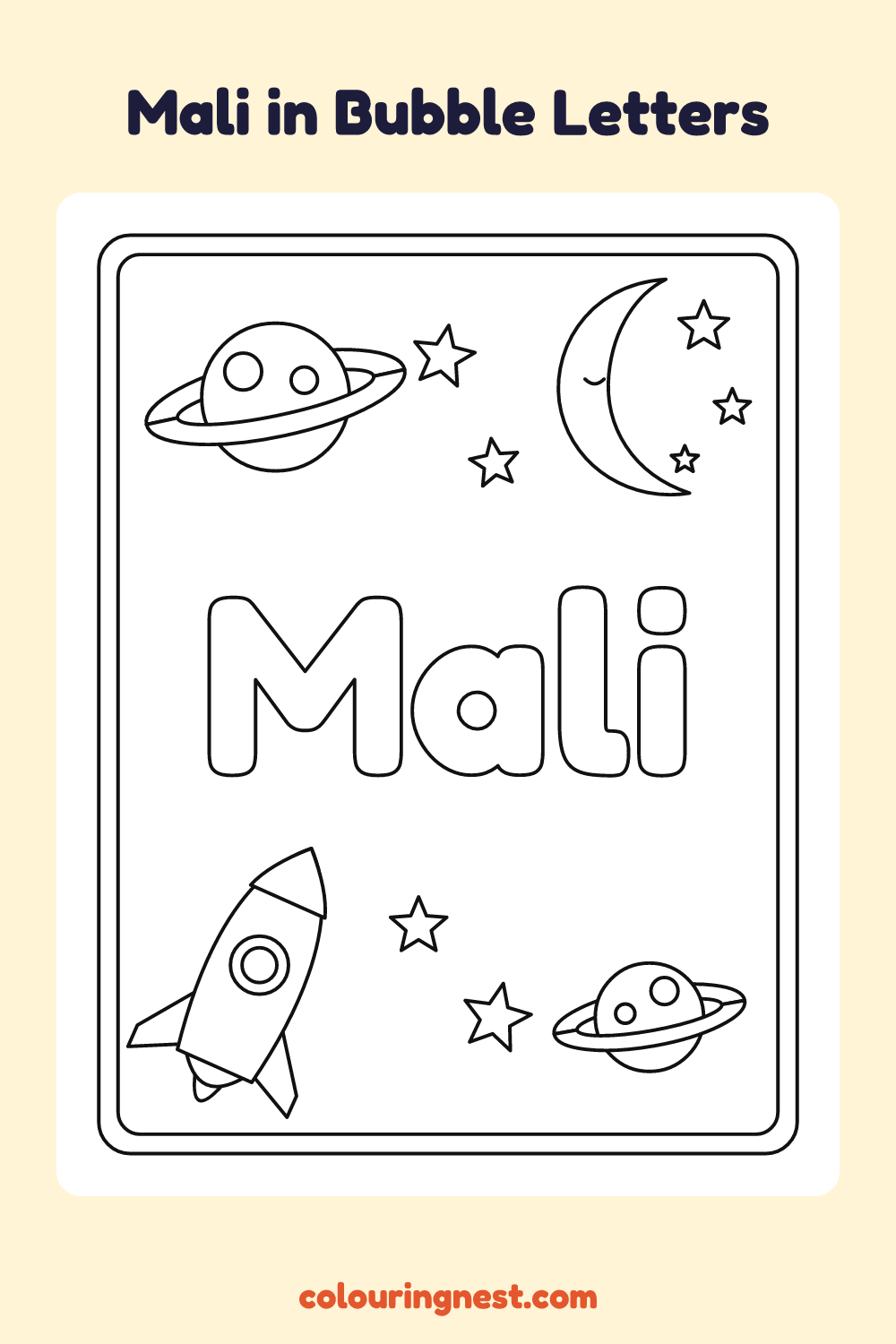 Mali in Bubble Letters coloring page: free printable black-and-white line art