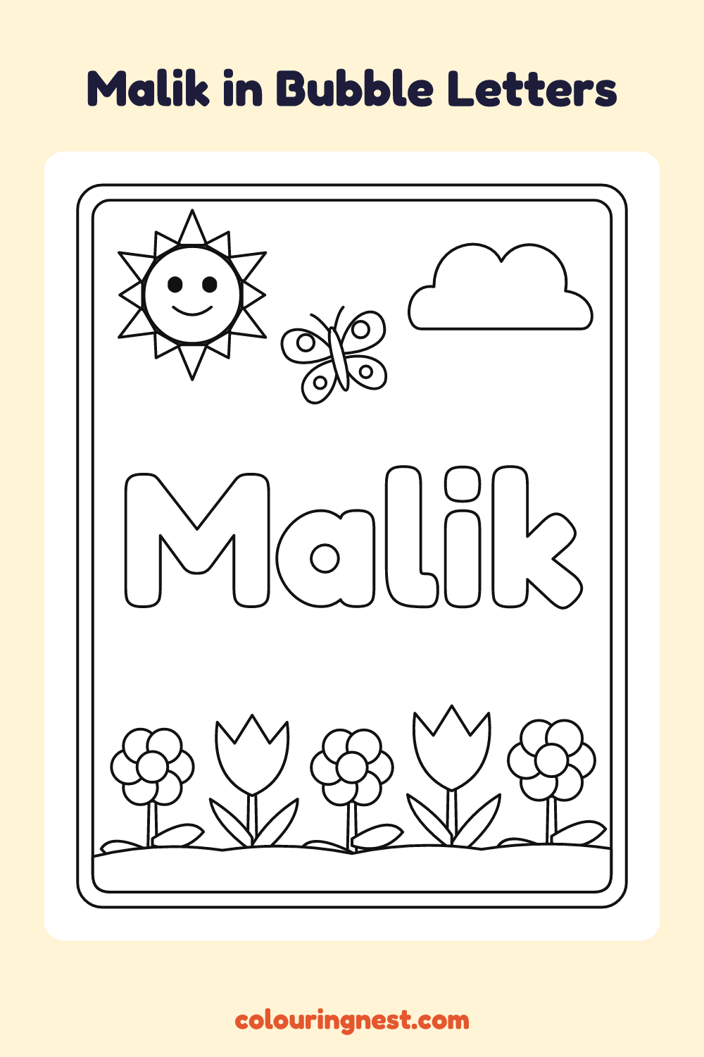 Malik in Bubble Letters coloring page: free printable black-and-white line art