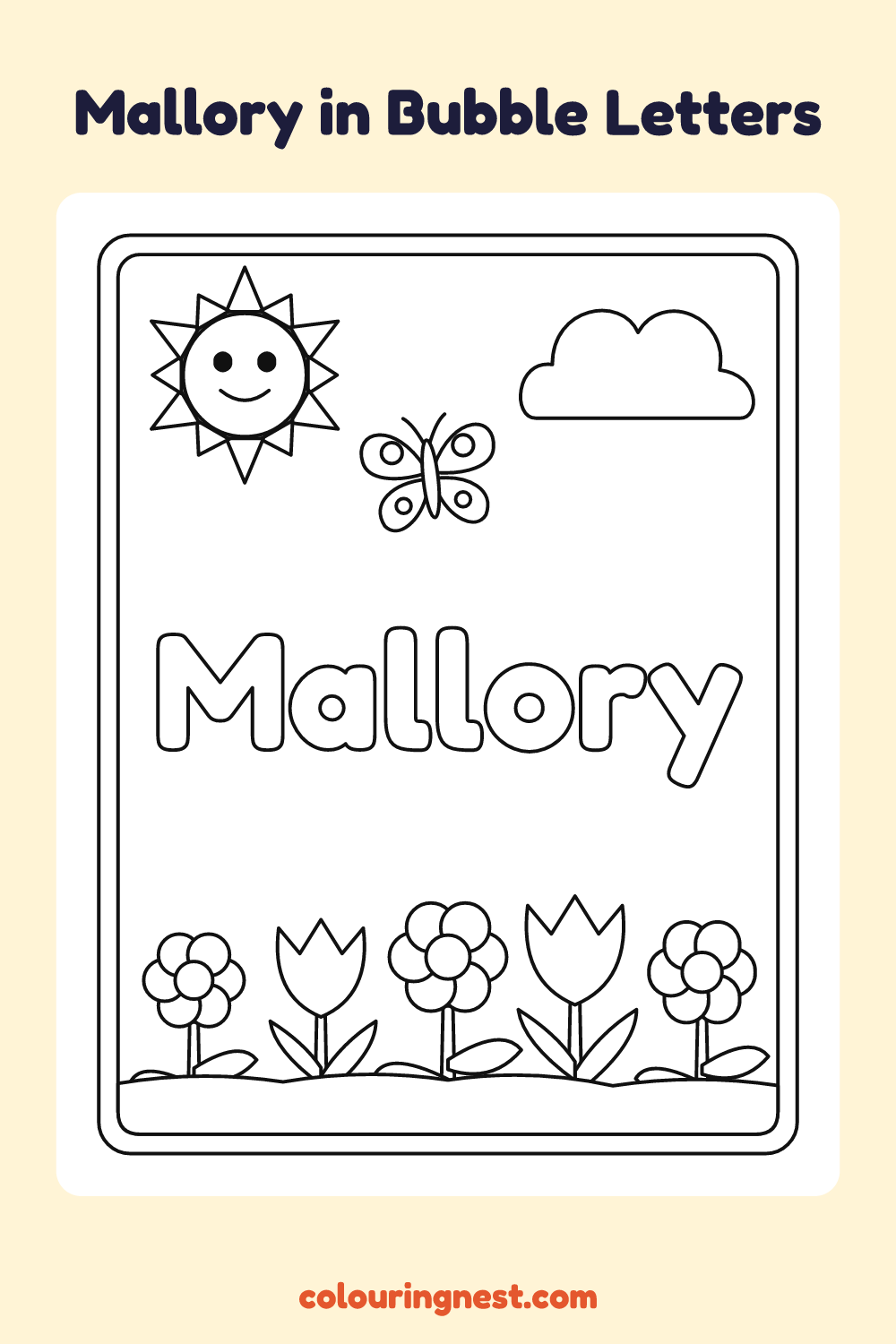 Mallory in Bubble Letters coloring page: free printable black-and-white line art
