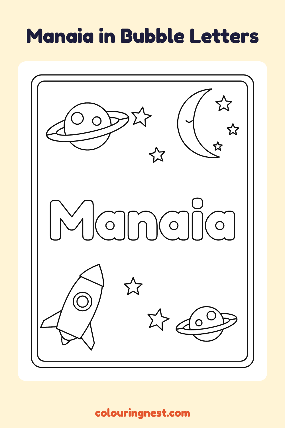 Manaia in Bubble Letters coloring page: free printable black-and-white line art