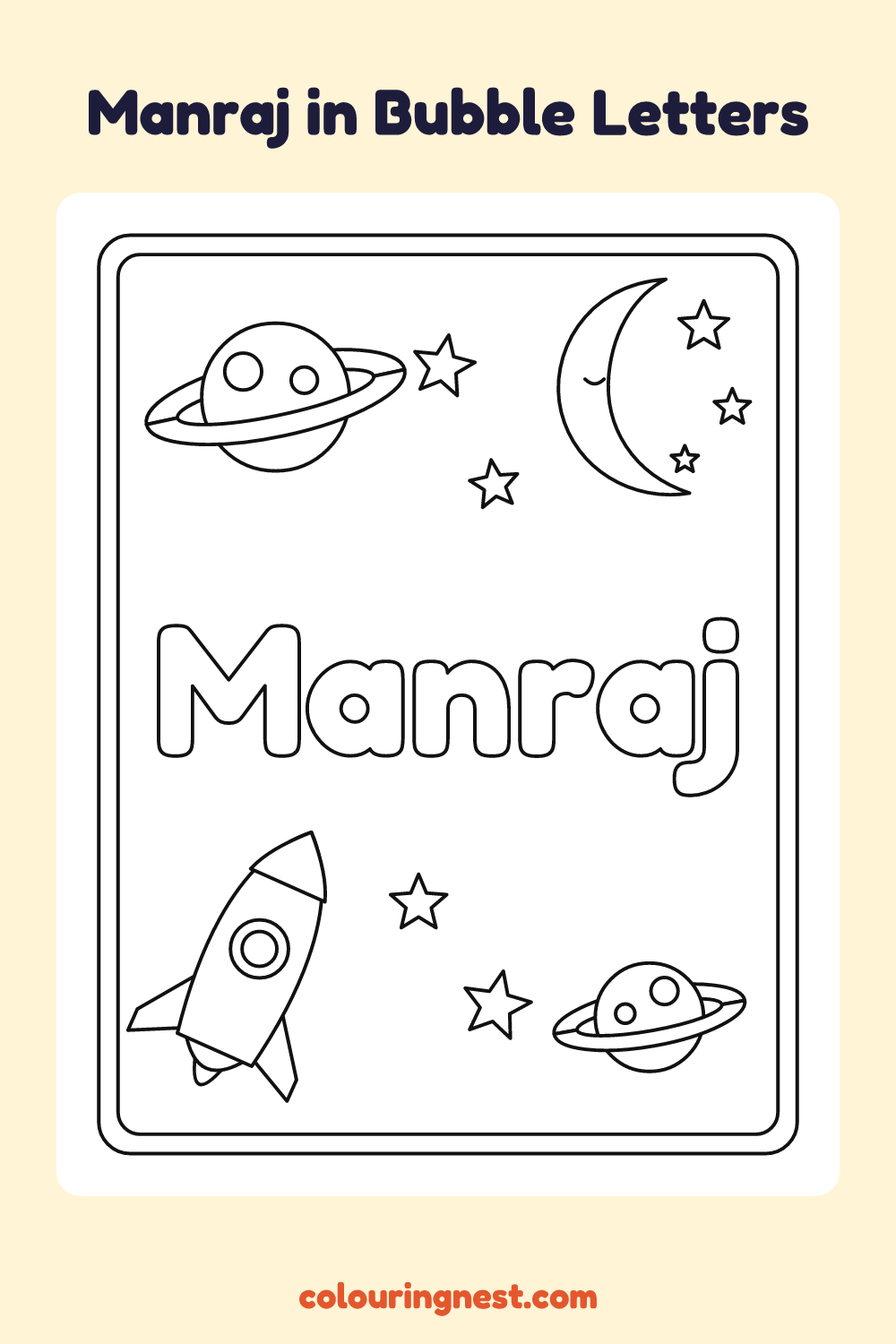 Manraj in Bubble Letters coloring page: free printable black-and-white line art