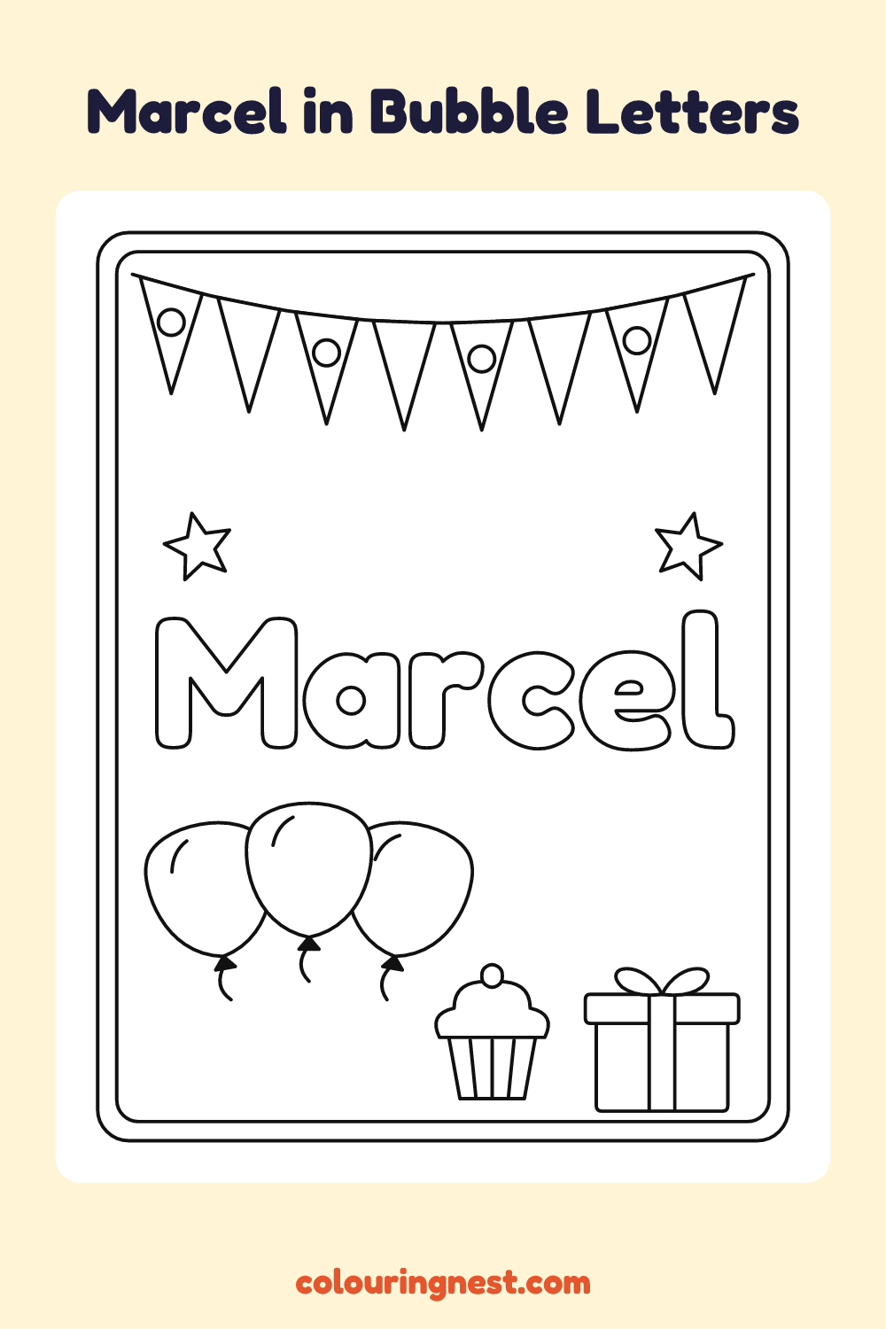 Marcel in Bubble Letters coloring page: free printable black-and-white line art