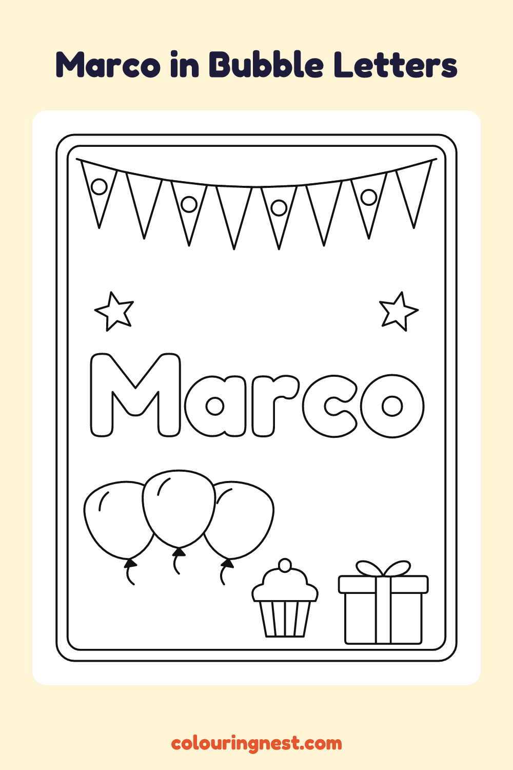 Marco in Bubble Letters coloring page: free printable black-and-white line art