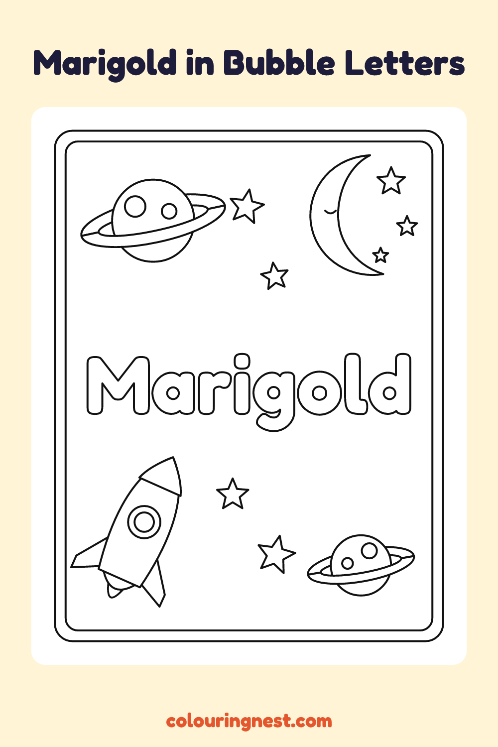 Marigold in Bubble Letters coloring page: free printable black-and-white line art