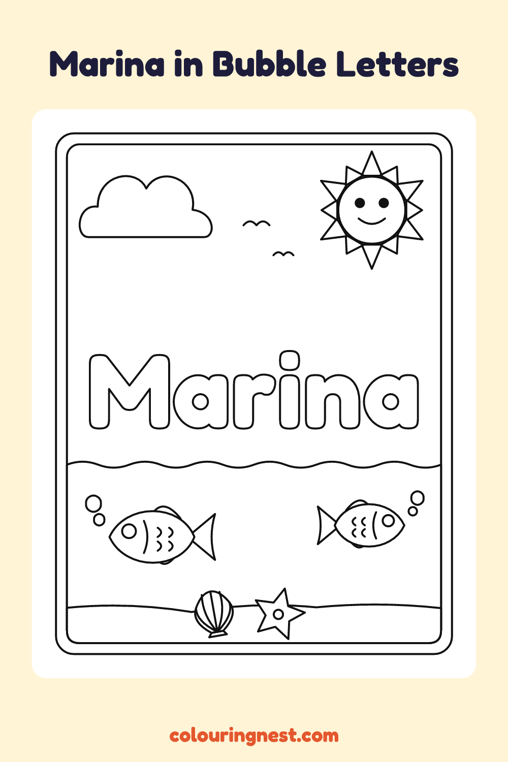 Marina in Bubble Letters coloring page: free printable black-and-white line art