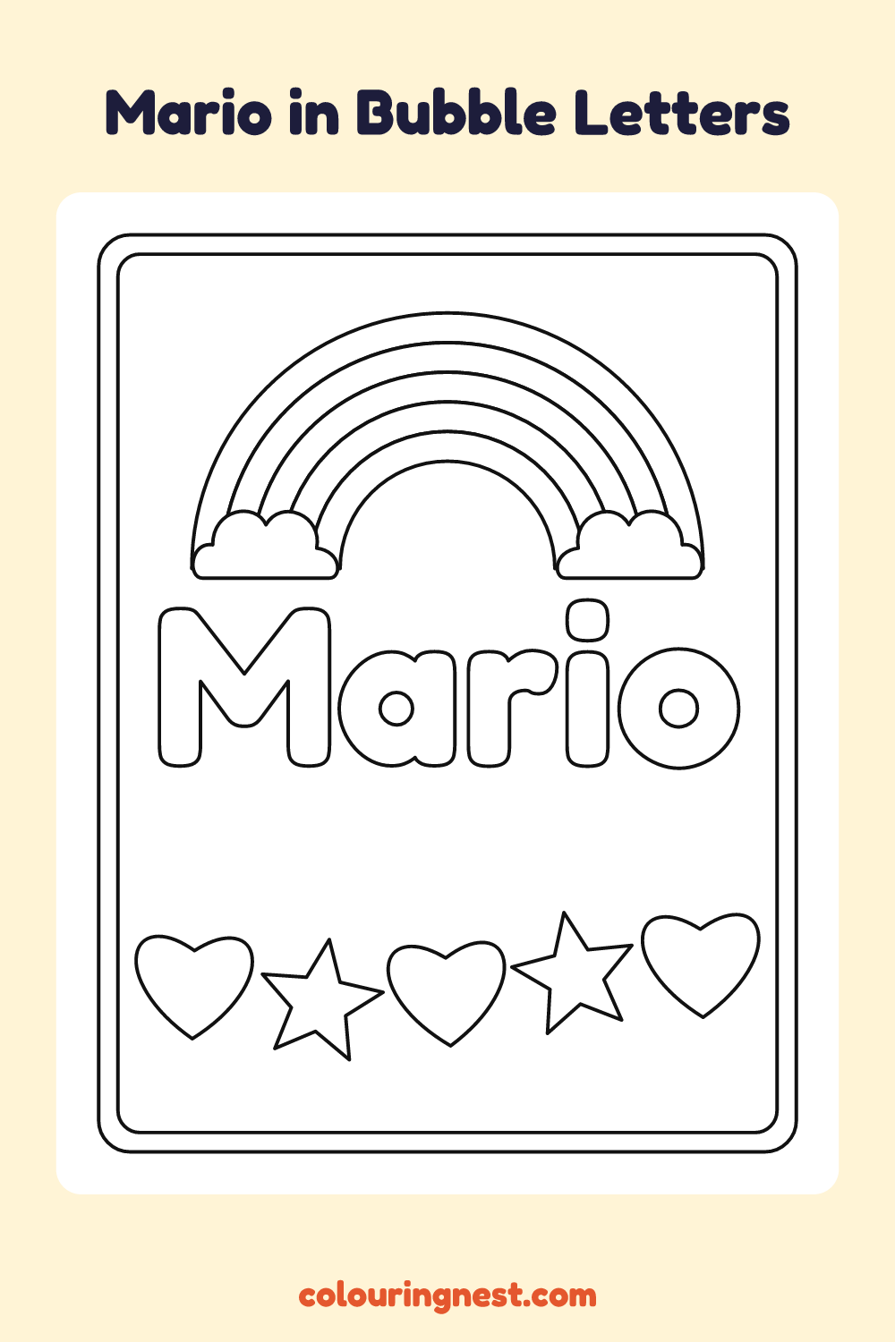 Mario in Bubble Letters coloring page: free printable black-and-white line art