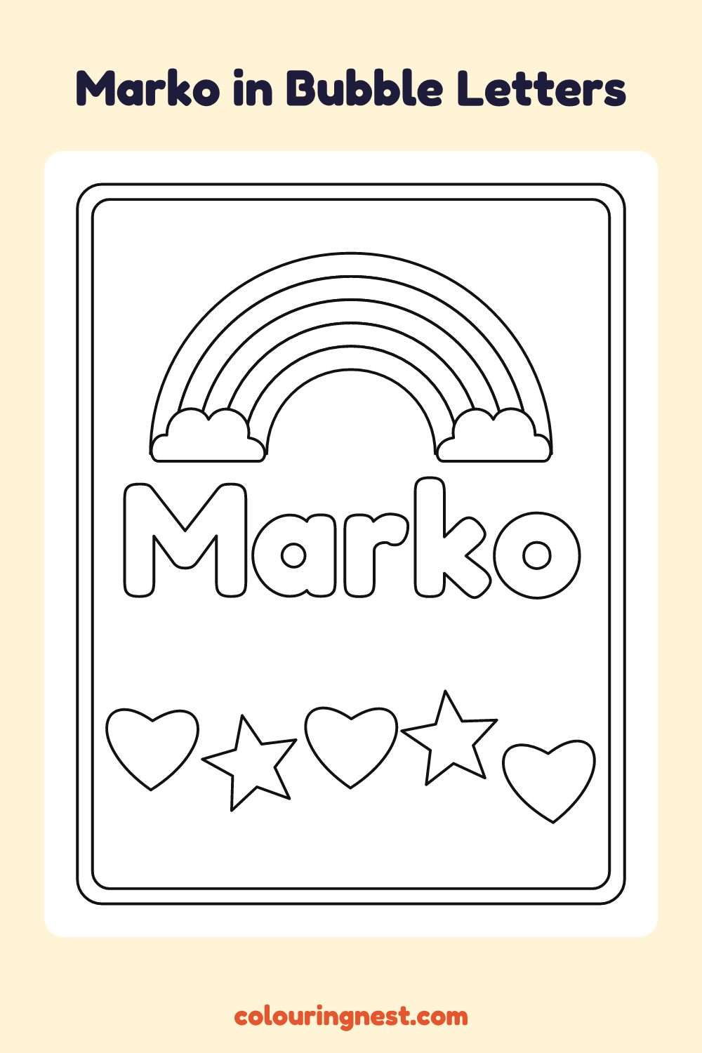 Marko in Bubble Letters coloring page: free printable black-and-white line art