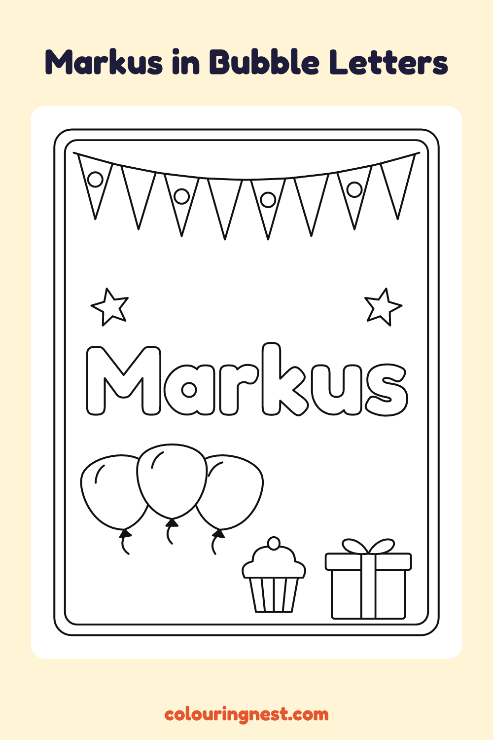 Markus in Bubble Letters coloring page: free printable black-and-white line art