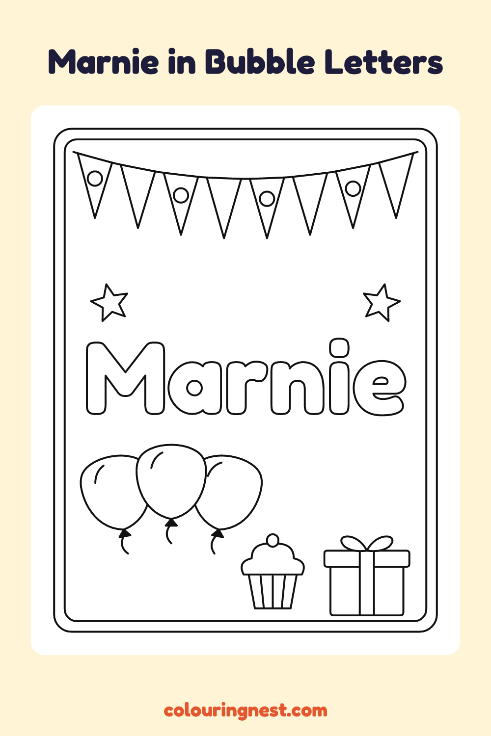 Marnie in Bubble Letters coloring page: free printable black-and-white line art
