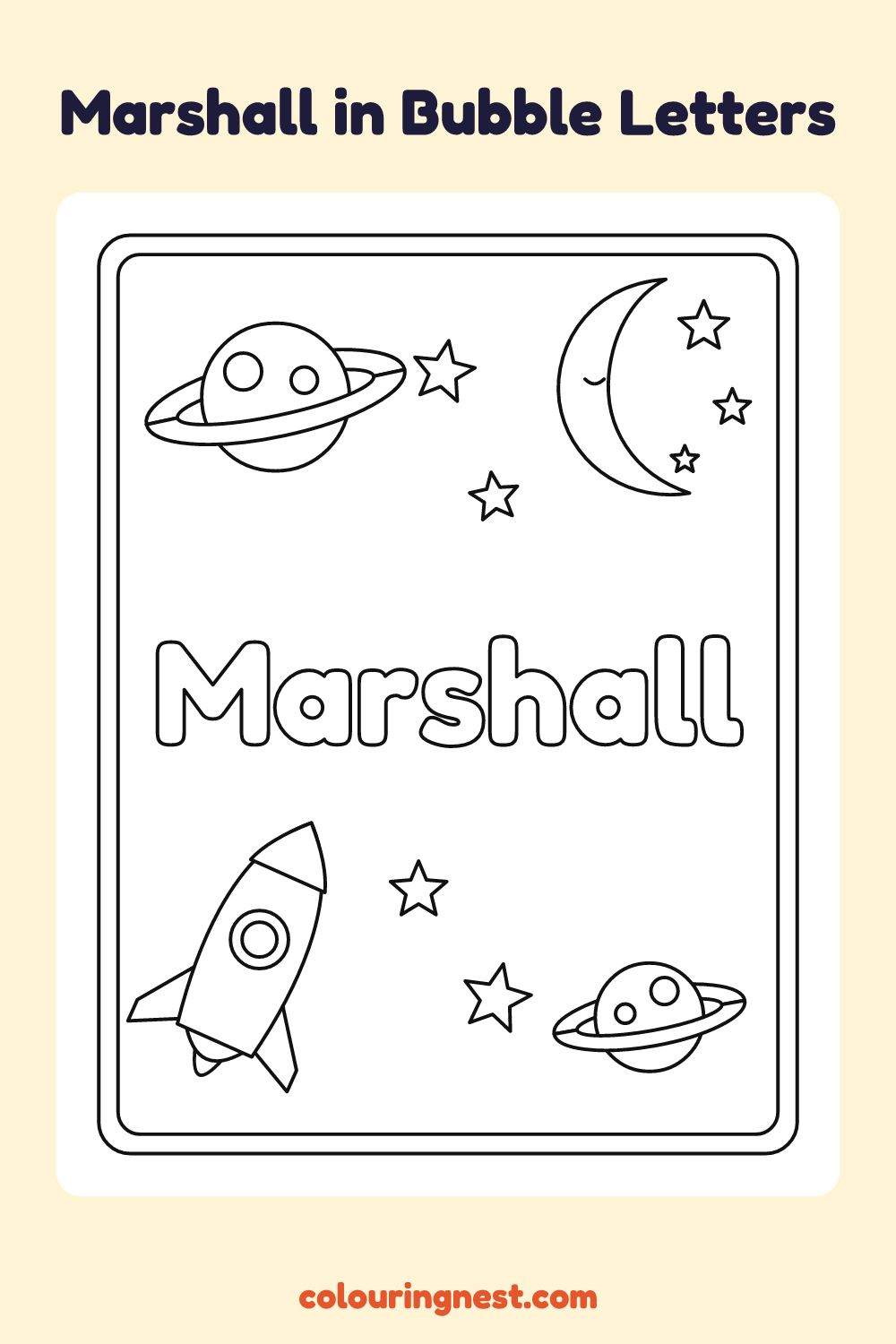 Marshall in Bubble Letters coloring page: free printable black-and-white line art