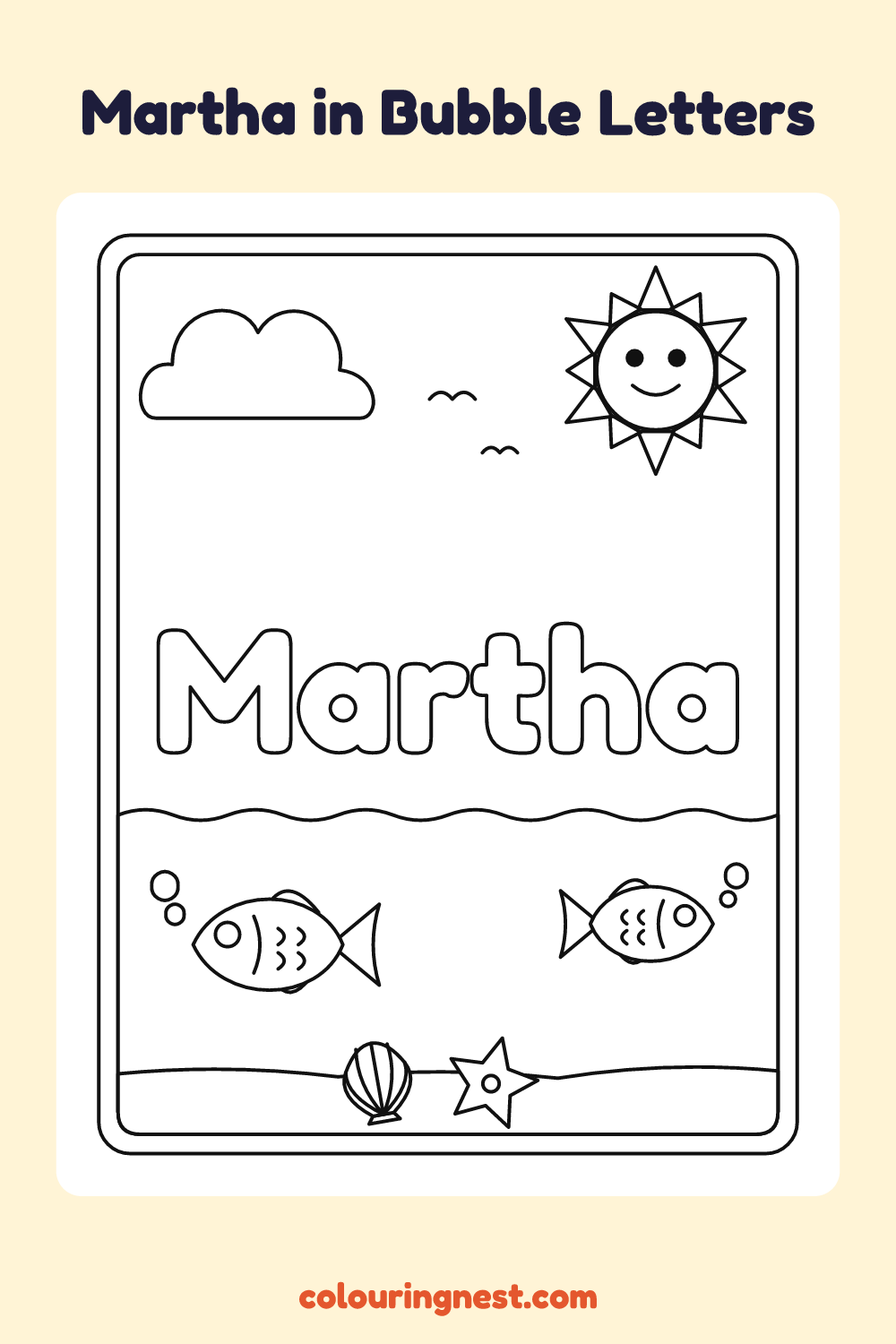 Martha in Bubble Letters coloring page: free printable black-and-white line art