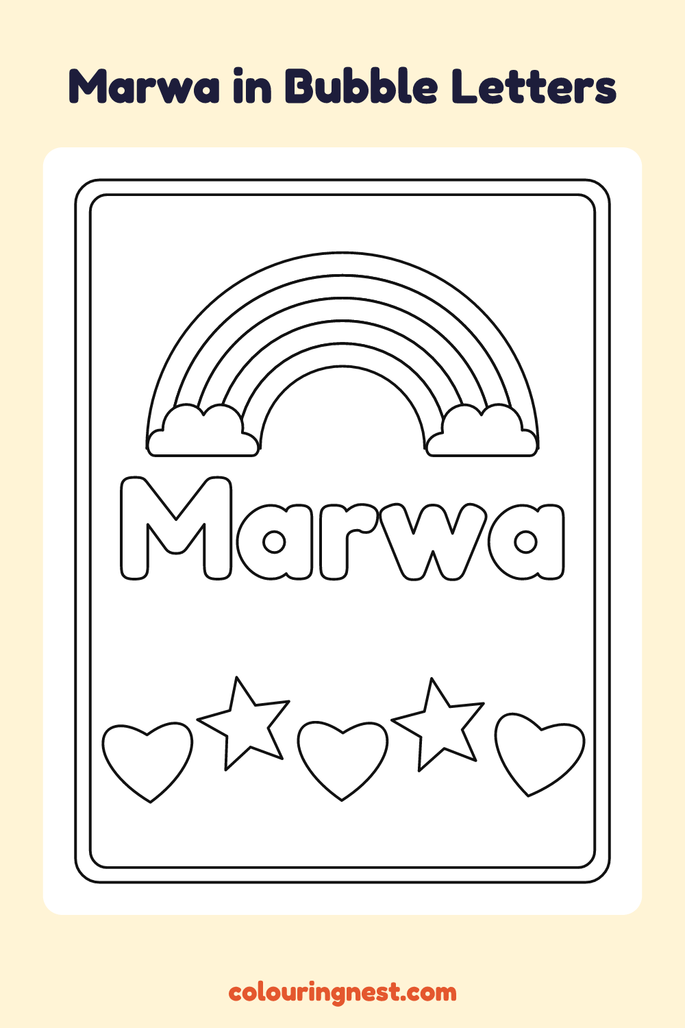 Marwa in Bubble Letters coloring page: free printable black-and-white line art