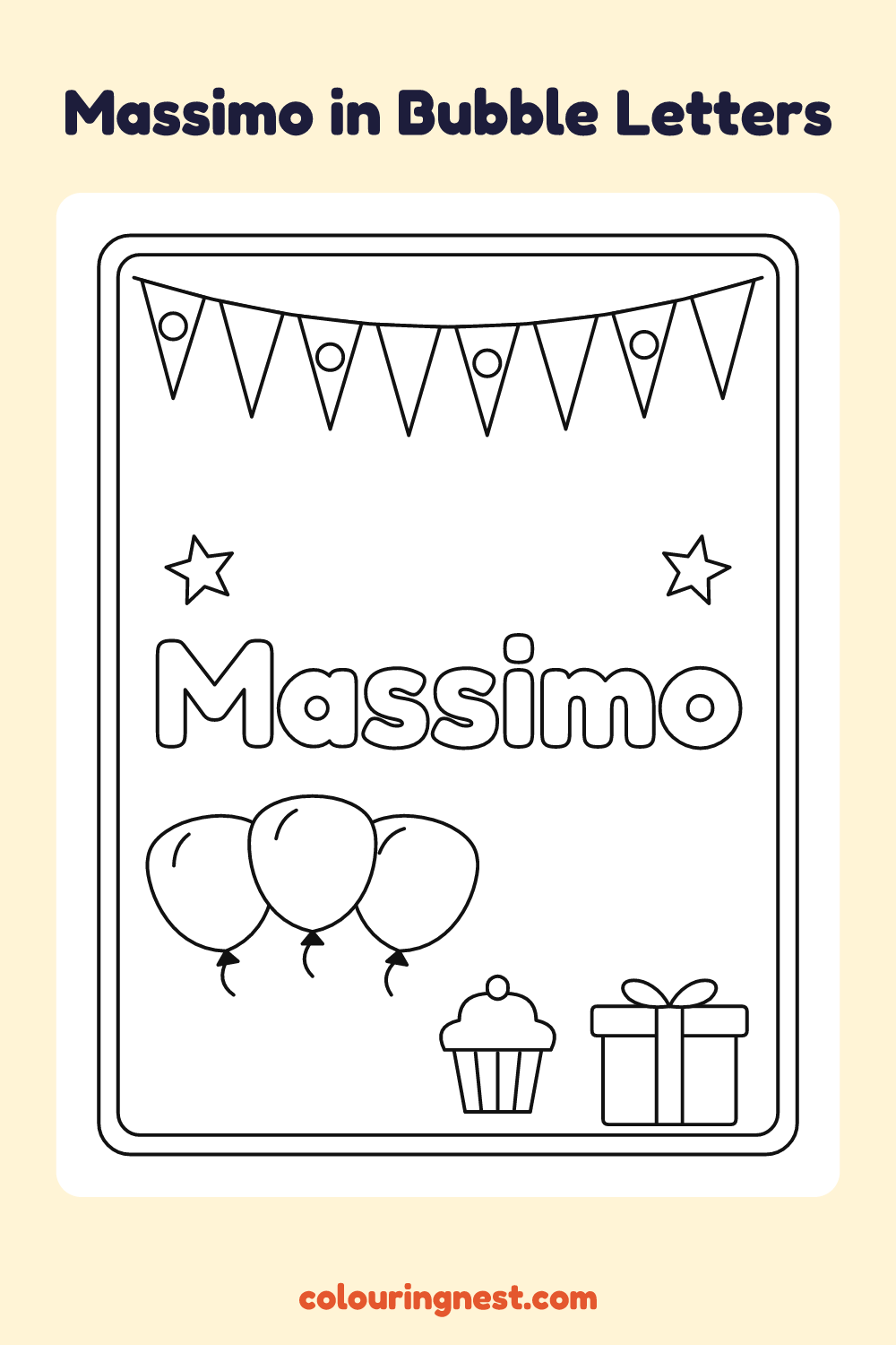 Massimo in Bubble Letters coloring page: free printable black-and-white line art