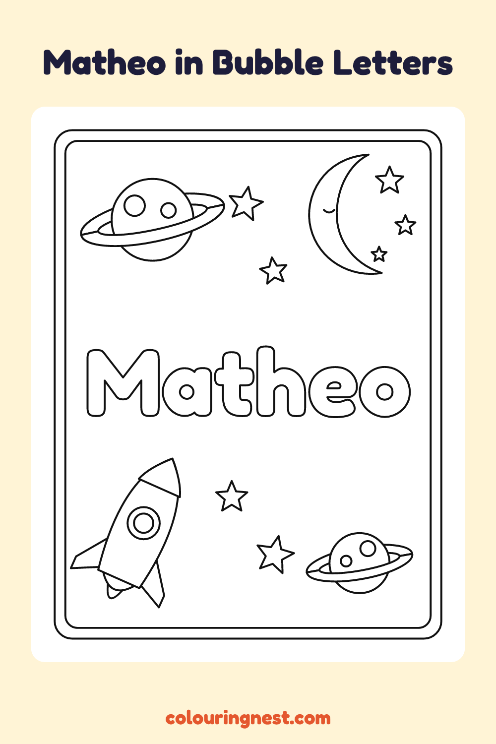 Matheo in Bubble Letters coloring page: free printable black-and-white line art