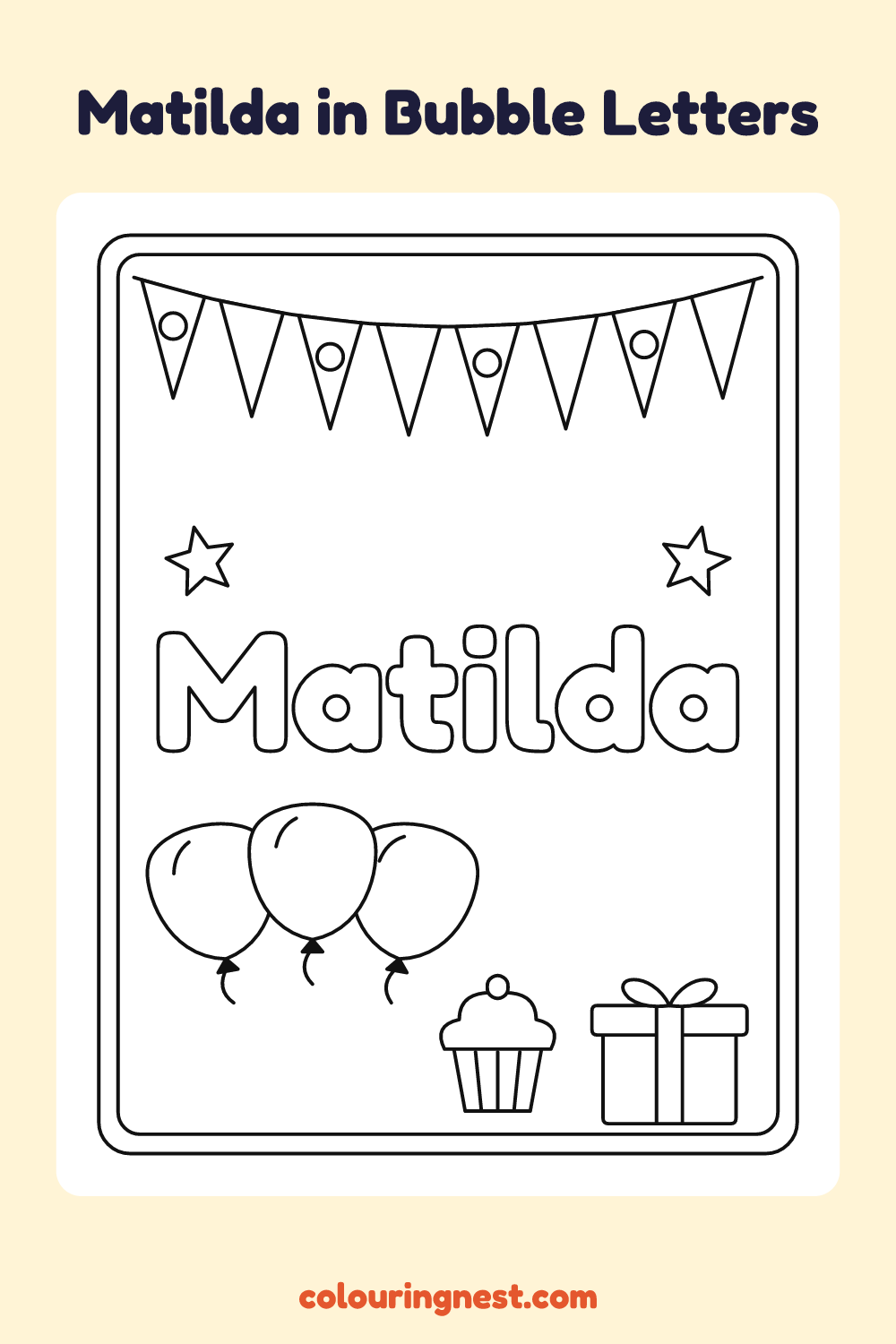 Matilda in Bubble Letters coloring page: free printable black-and-white line art