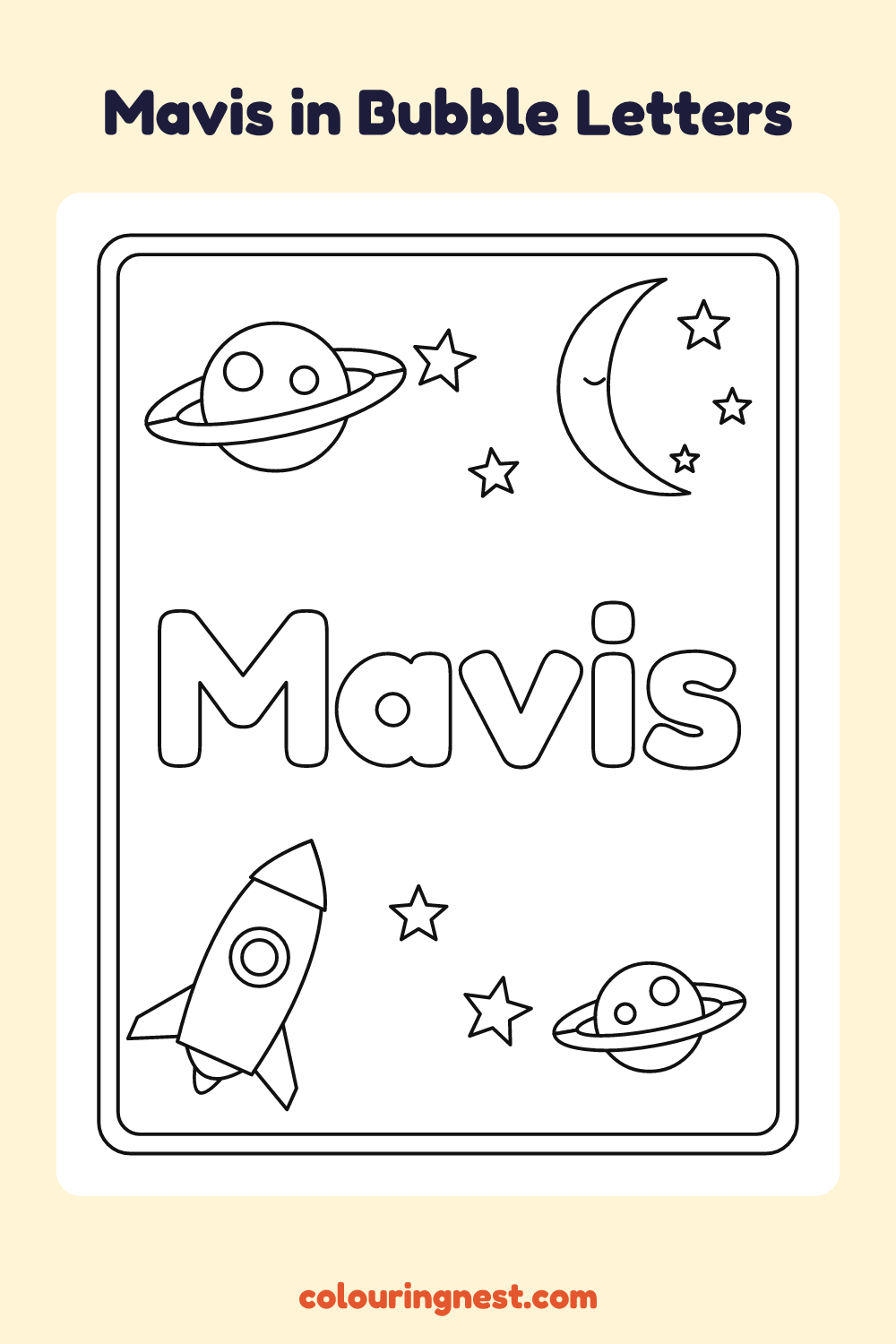 Mavis in Bubble Letters coloring page: free printable black-and-white line art