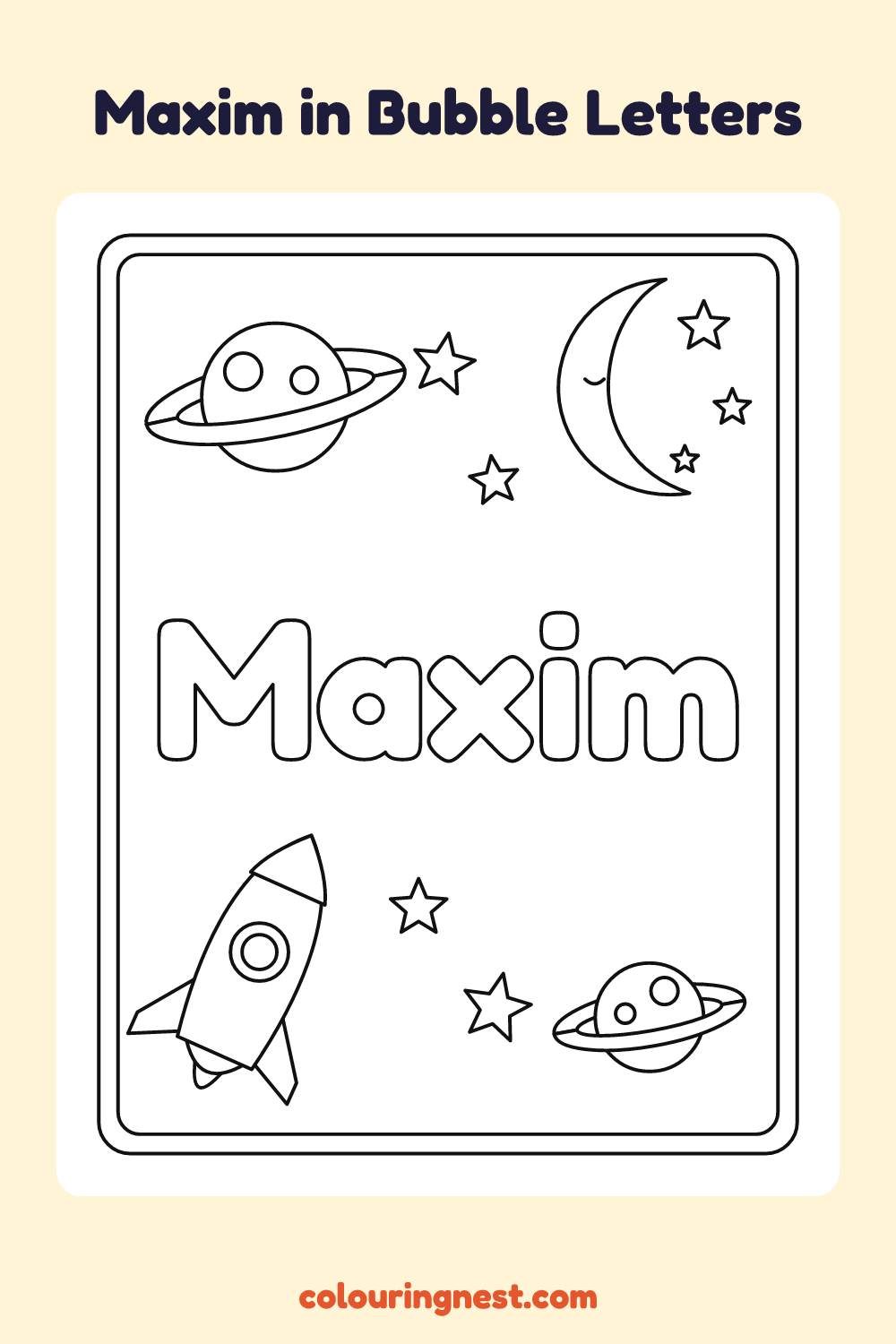 Maxim in Bubble Letters coloring page: free printable black-and-white line art