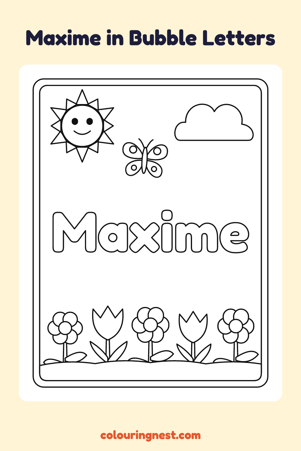 Maxime in Bubble Letters coloring page: free printable black-and-white line art