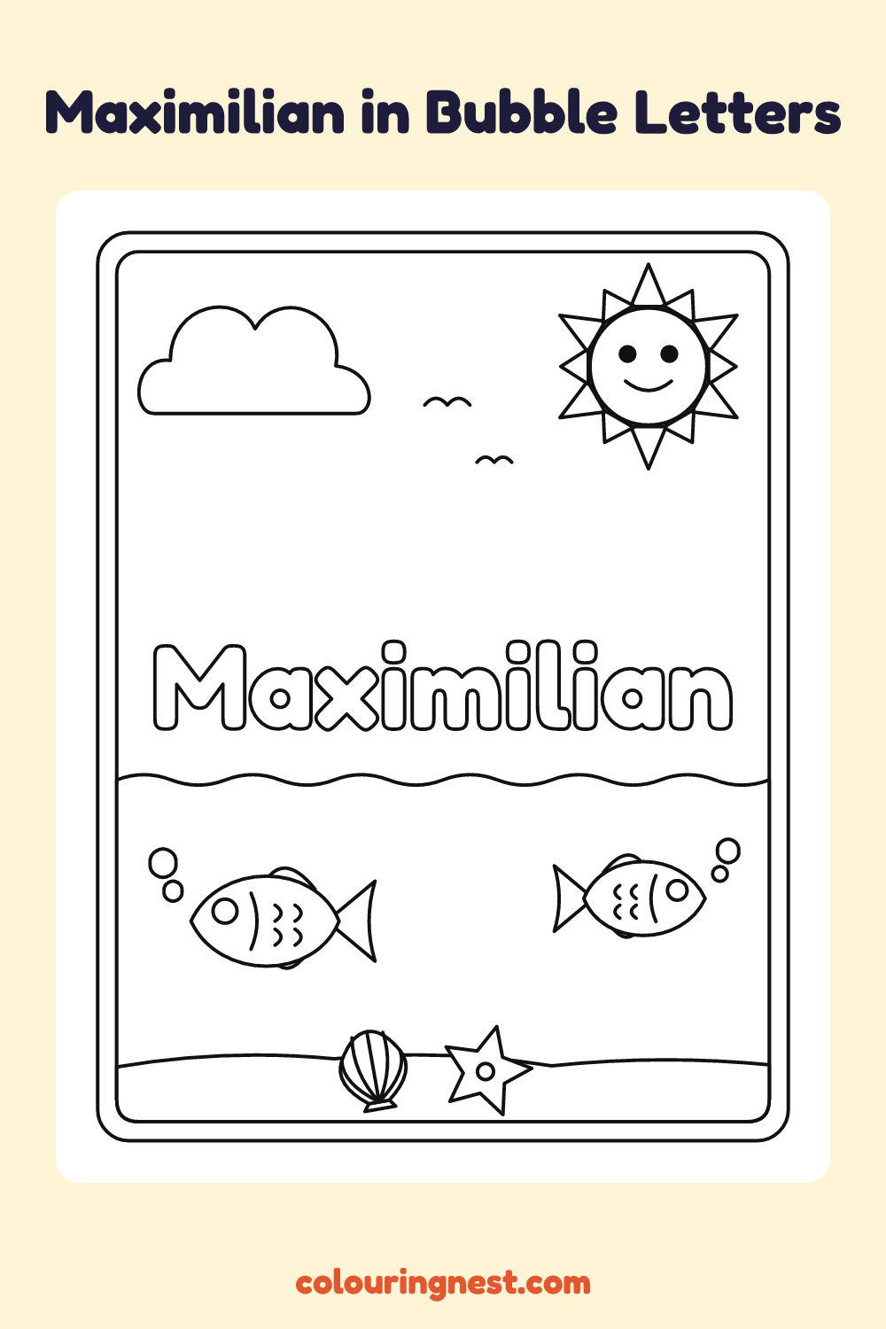 Maximilian in Bubble Letters coloring page: free printable black-and-white line art
