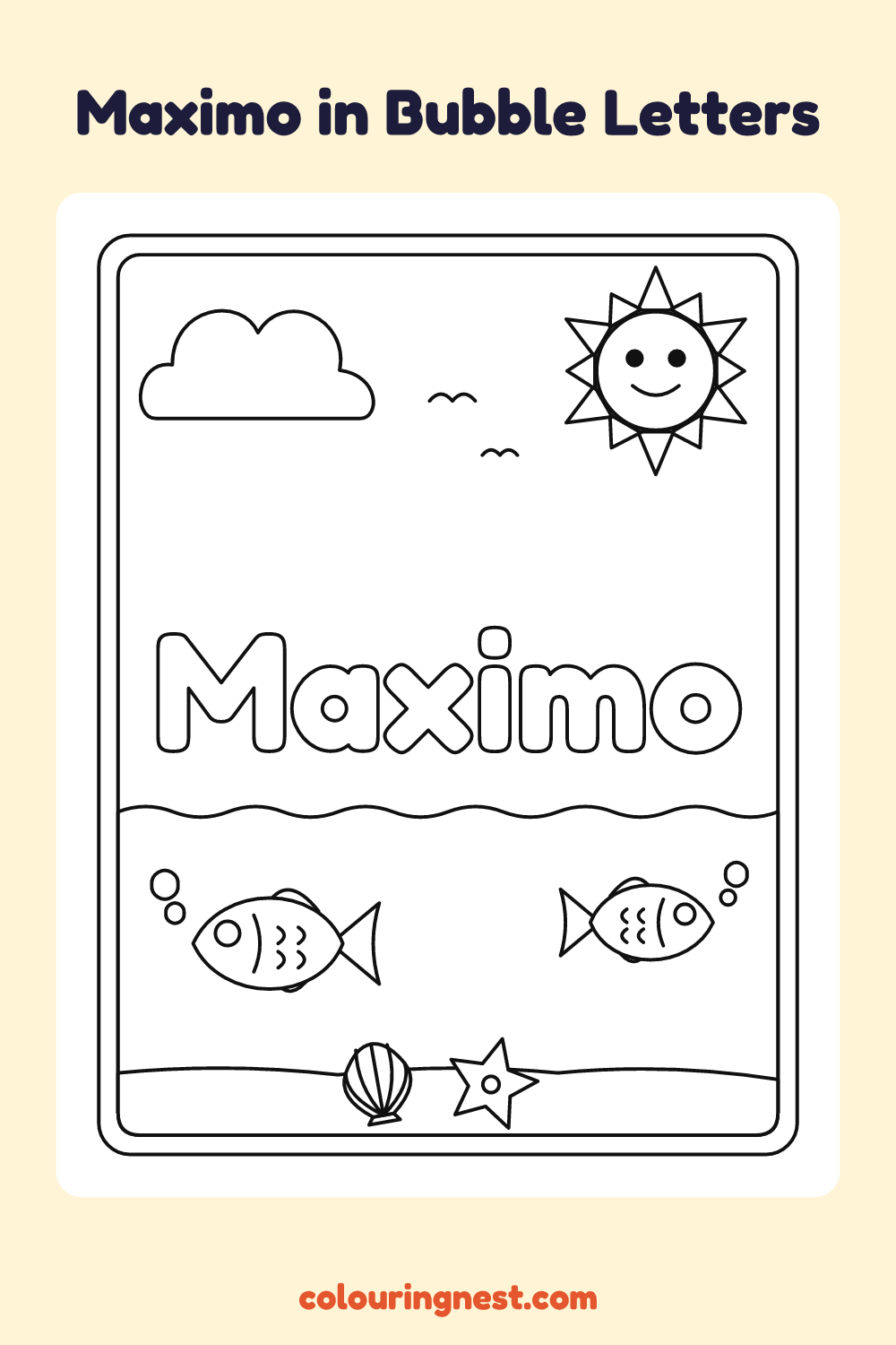 Maximo in Bubble Letters coloring page: free printable black-and-white line art