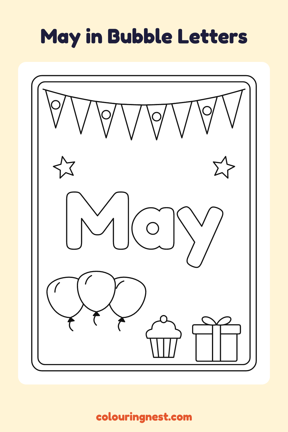 May in Bubble Letters coloring page: free printable black-and-white line art