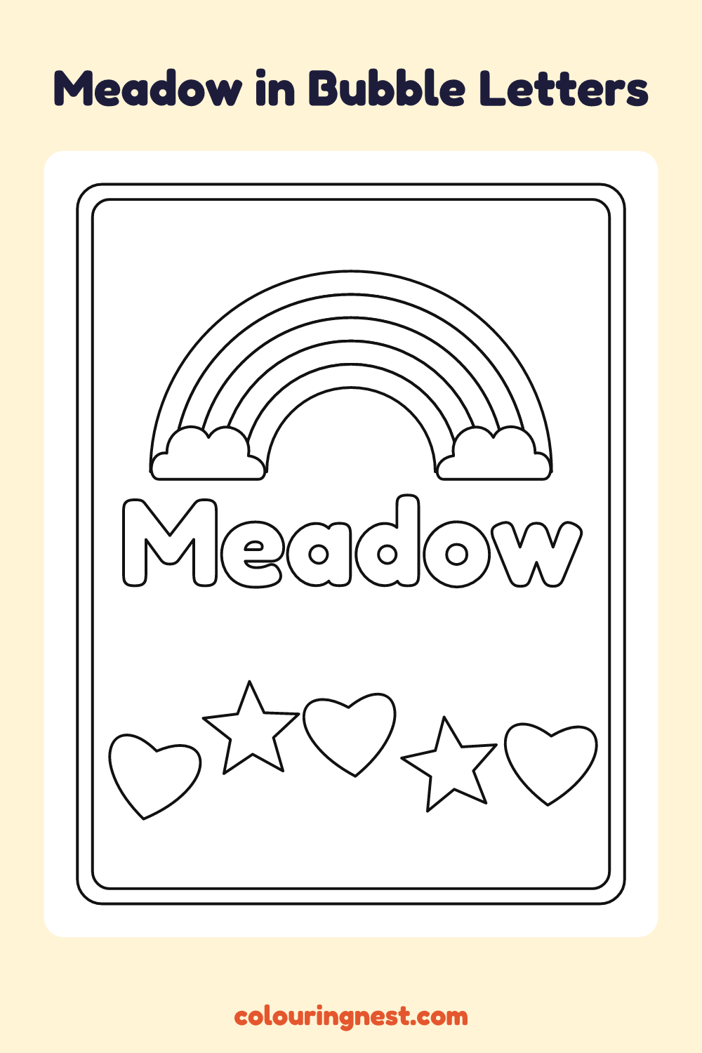 Meadow in Bubble Letters coloring page: free printable black-and-white line art