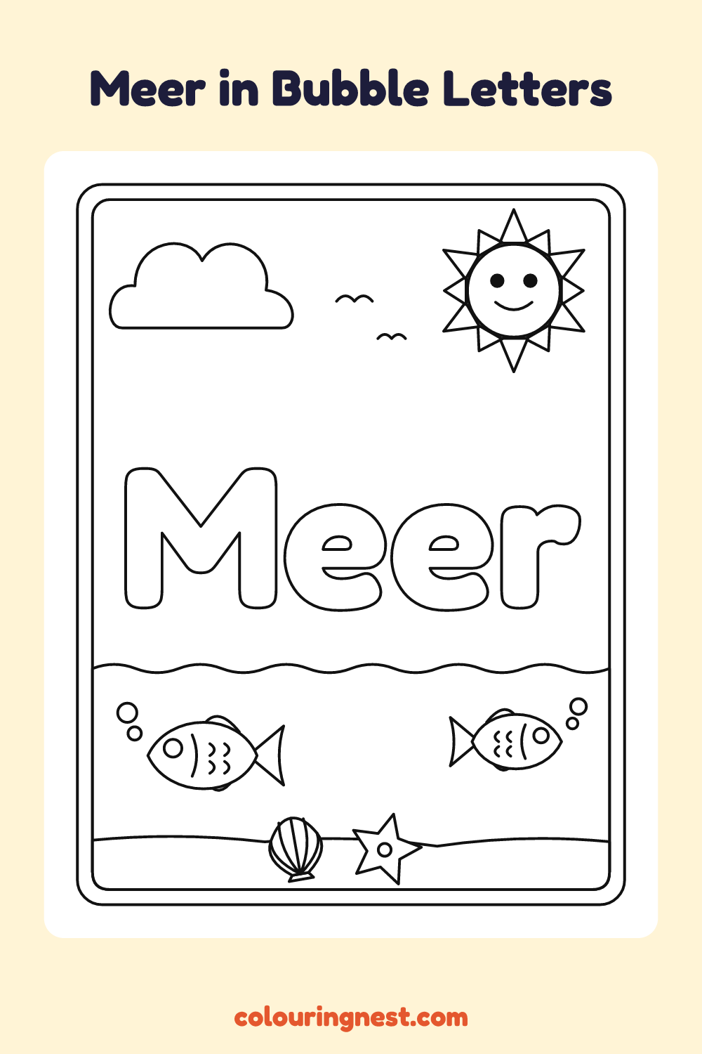 Meer in Bubble Letters coloring page: free printable black-and-white line art