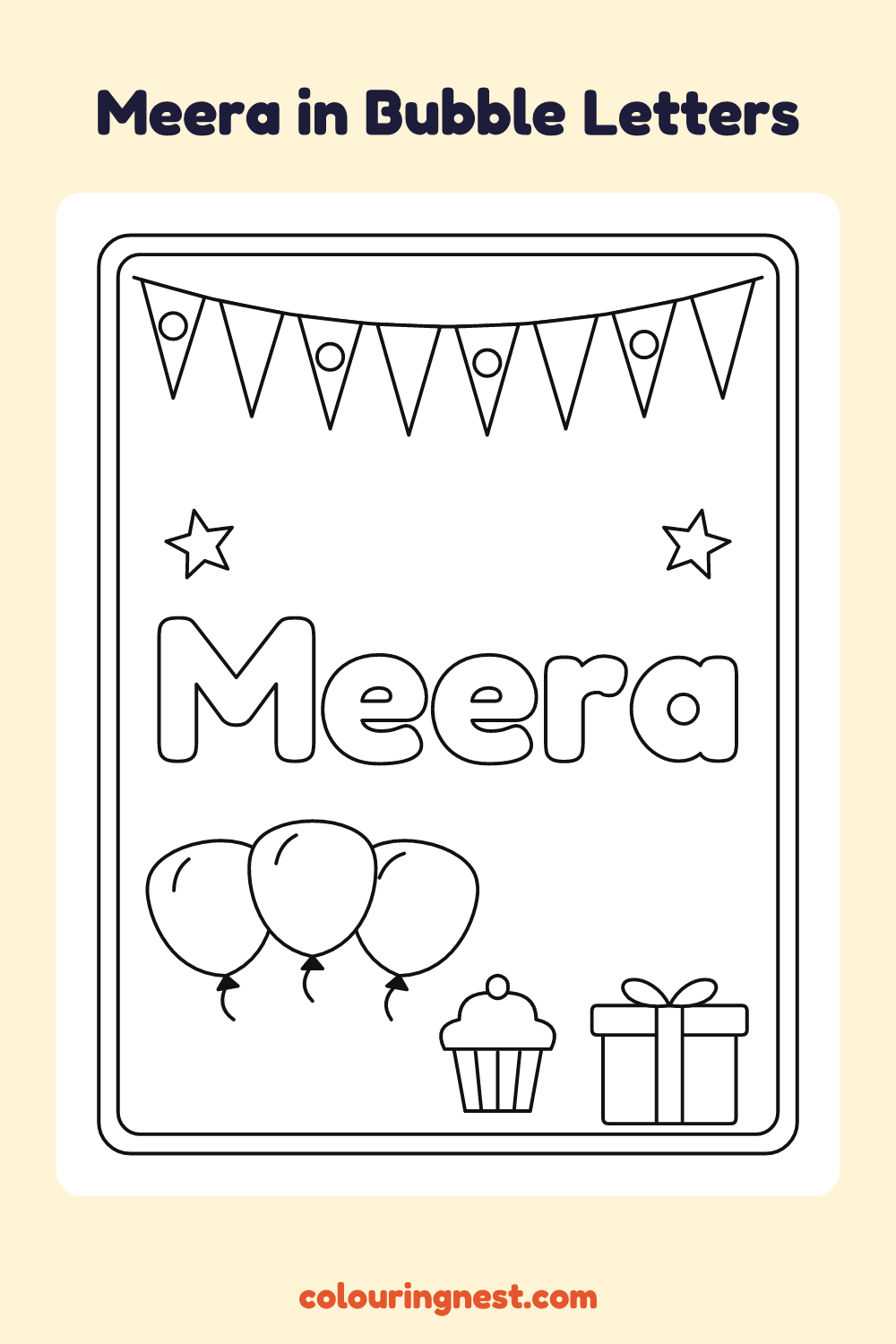 Meera in Bubble Letters coloring page: free printable black-and-white line art