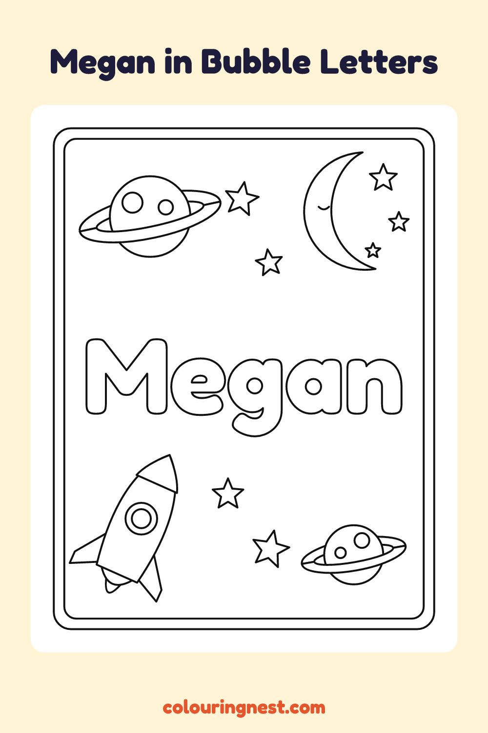 Megan in Bubble Letters coloring page: free printable black-and-white line art