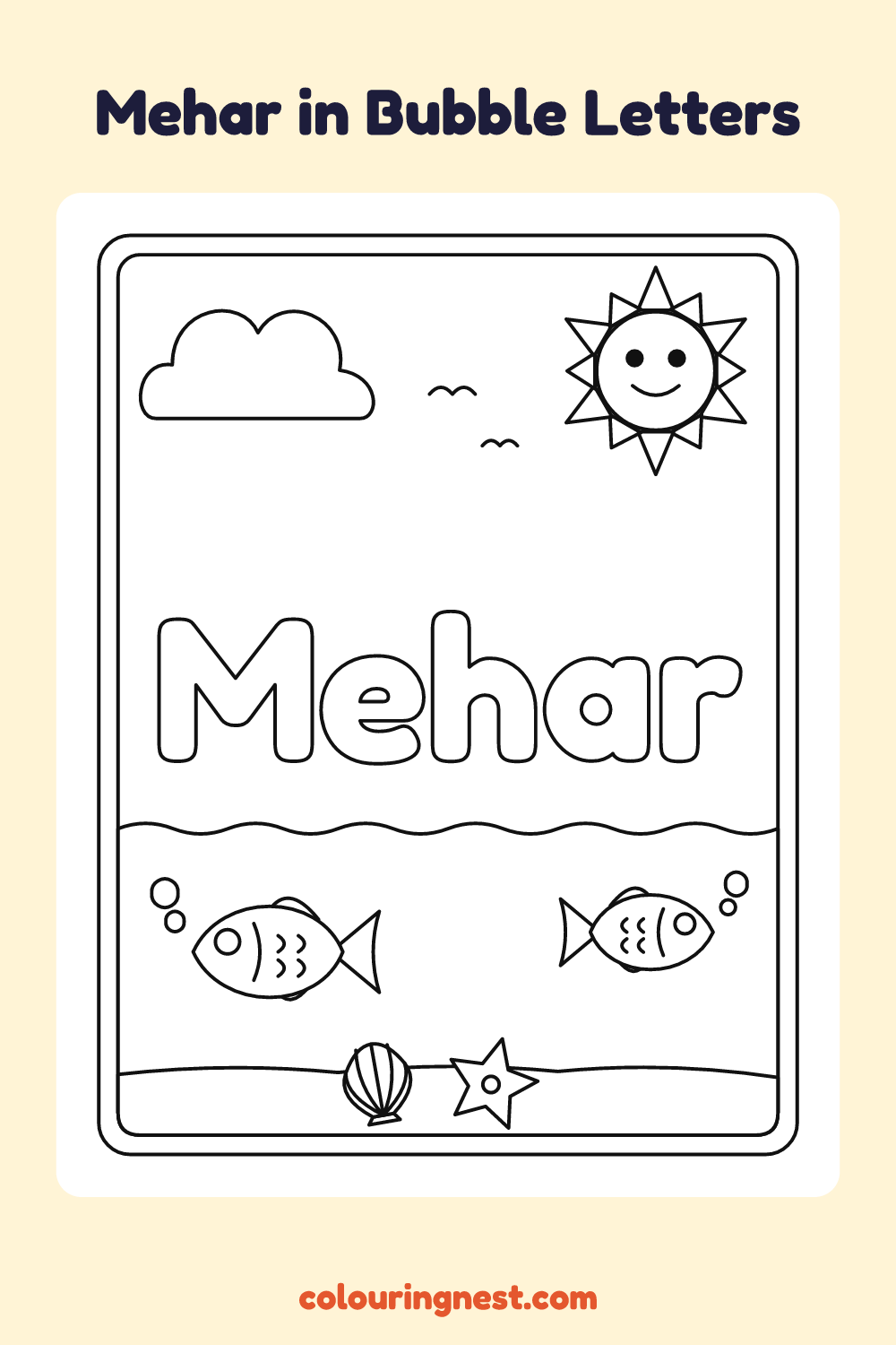 Mehar in Bubble Letters coloring page: free printable black-and-white line art