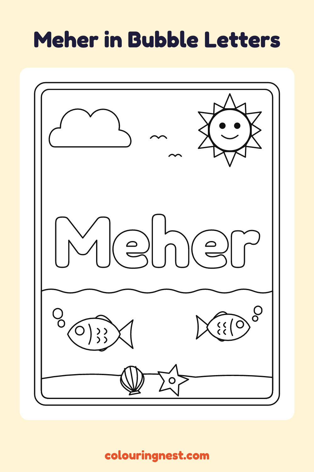 Meher in Bubble Letters coloring page: free printable black-and-white line art