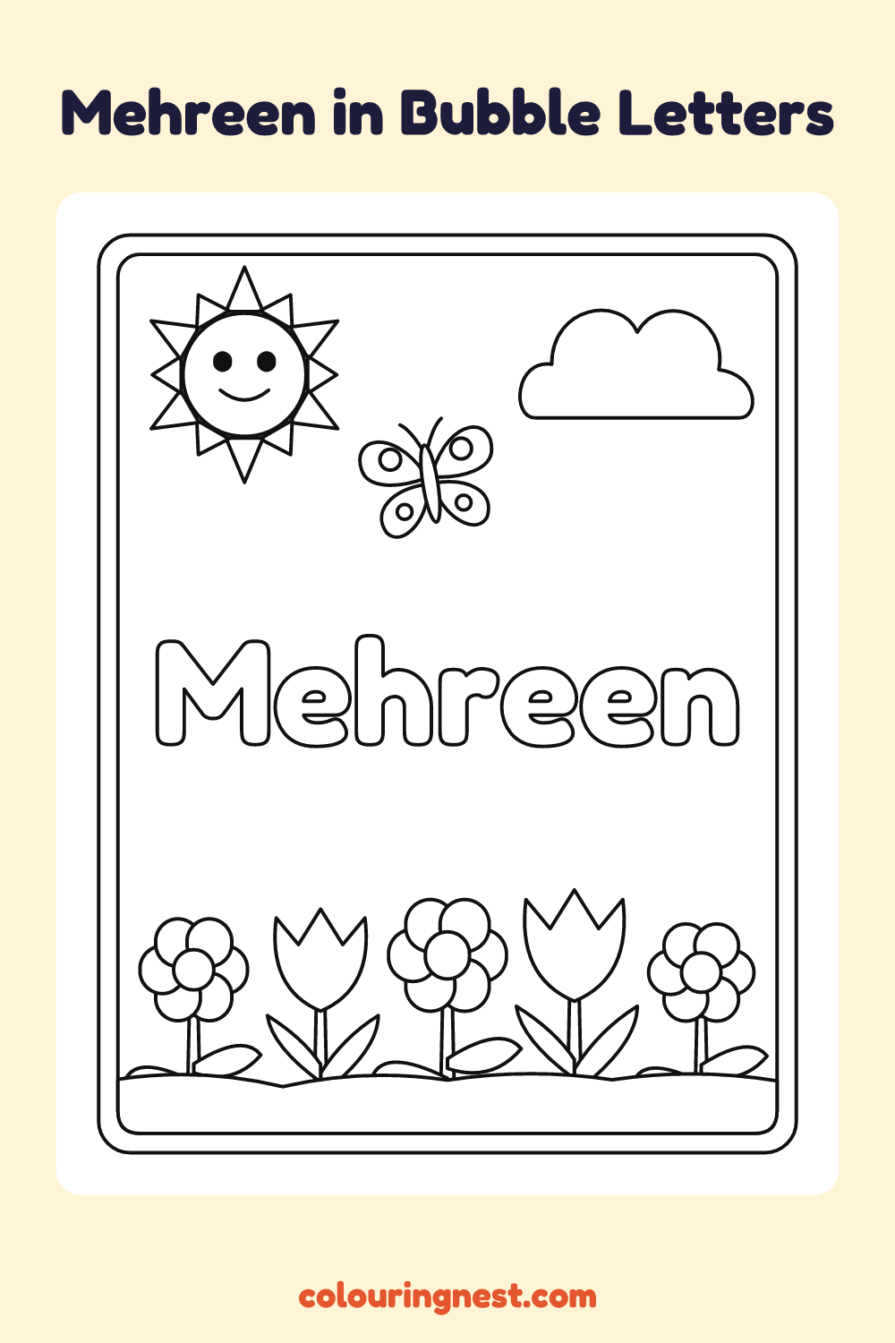 Mehreen in Bubble Letters coloring page: free printable black-and-white line art