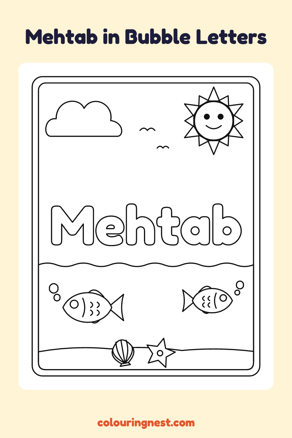 Mehtab in Bubble Letters coloring page: free printable black-and-white line art